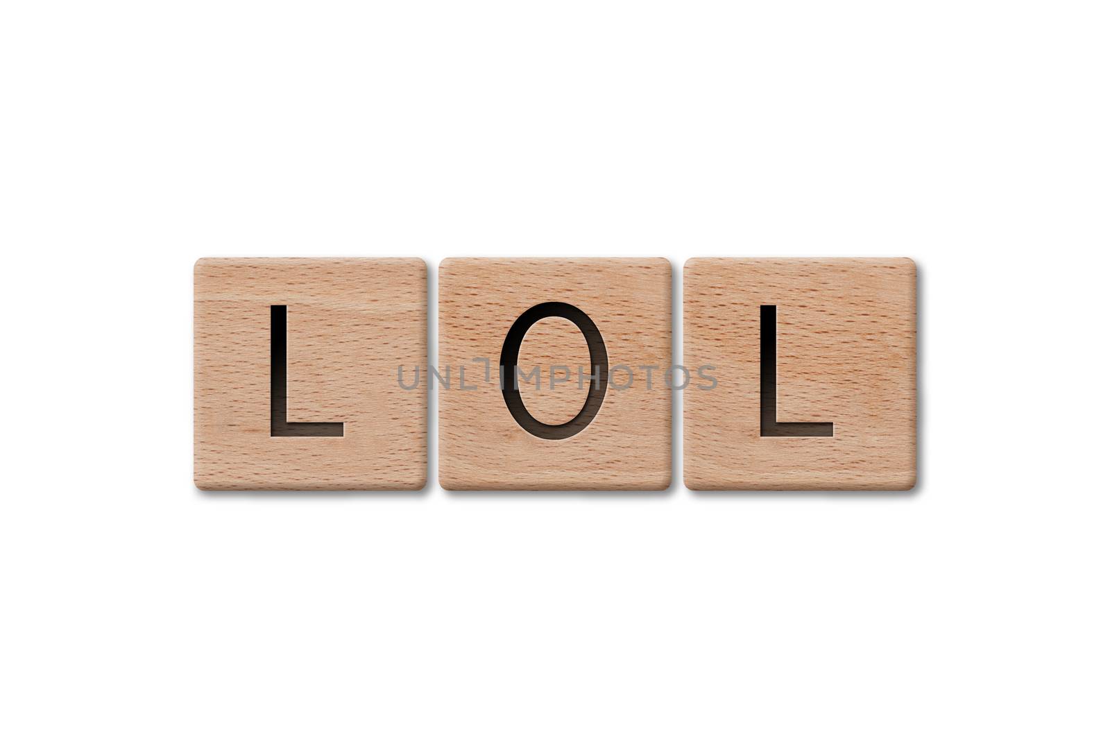 Wooden letters spelling lol on white background