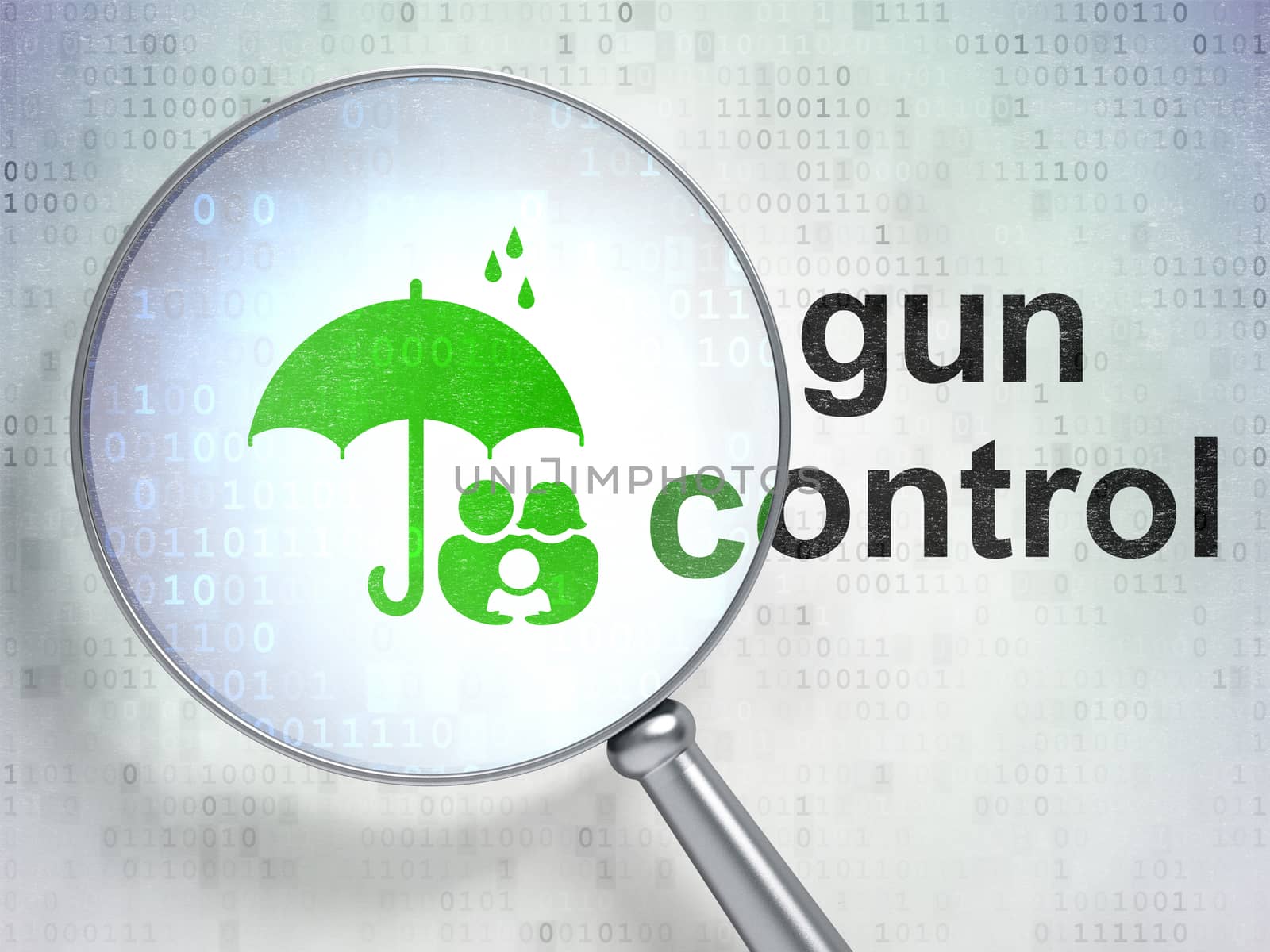 Safety concept: magnifying optical glass with Family And Umbrella icon and Gun Control word on digital background