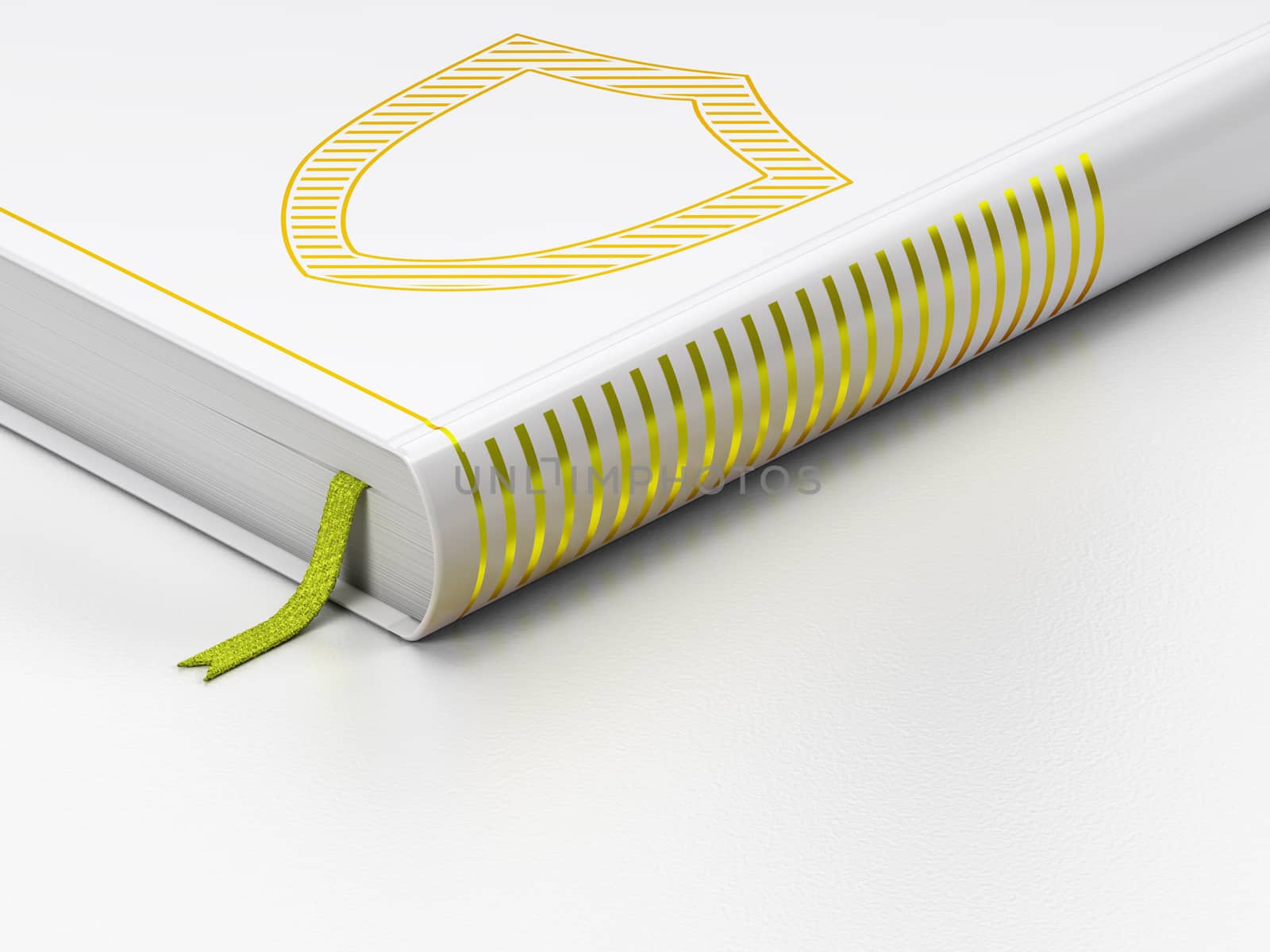 Safety concept: closed book with Gold Contoured Shield icon on floor, white background, 3d render
