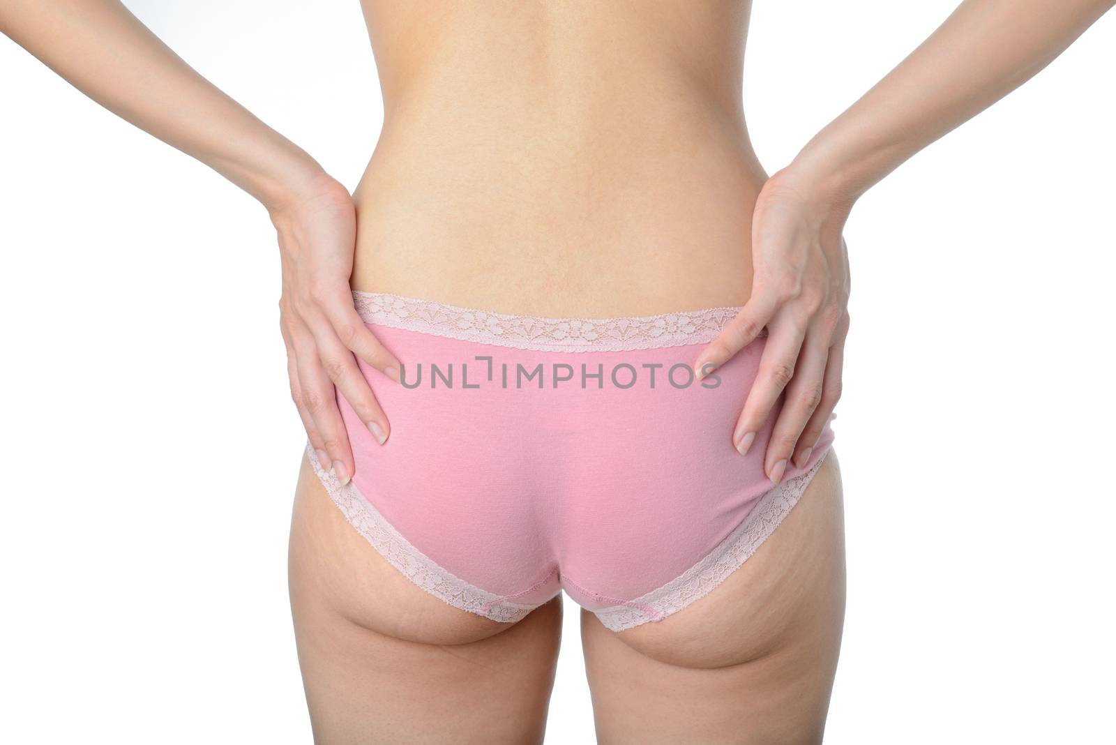 asian woman show her fat and cellulite on buttocks on white background