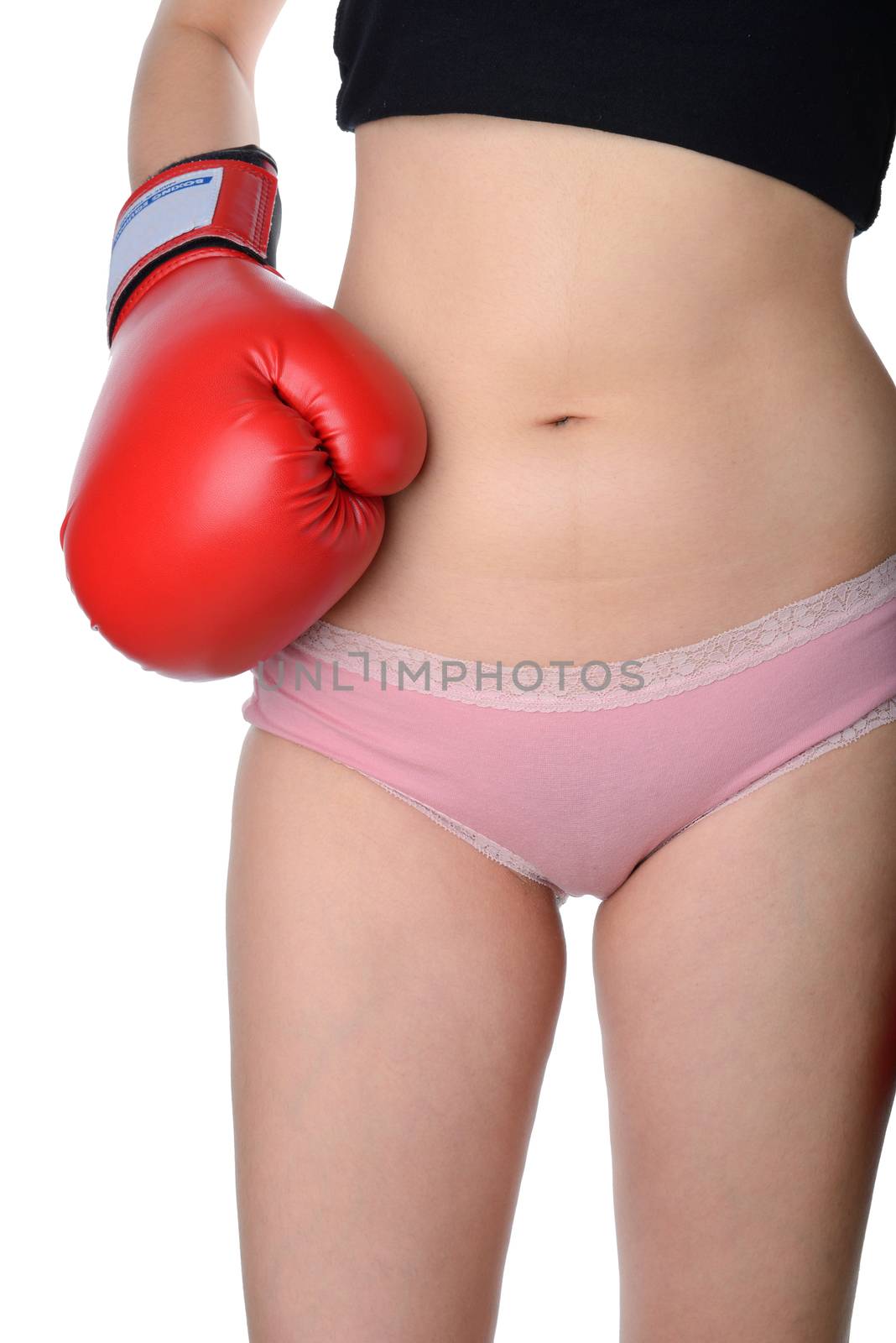 beautiful woman with the red boxing gloves isolated on white background