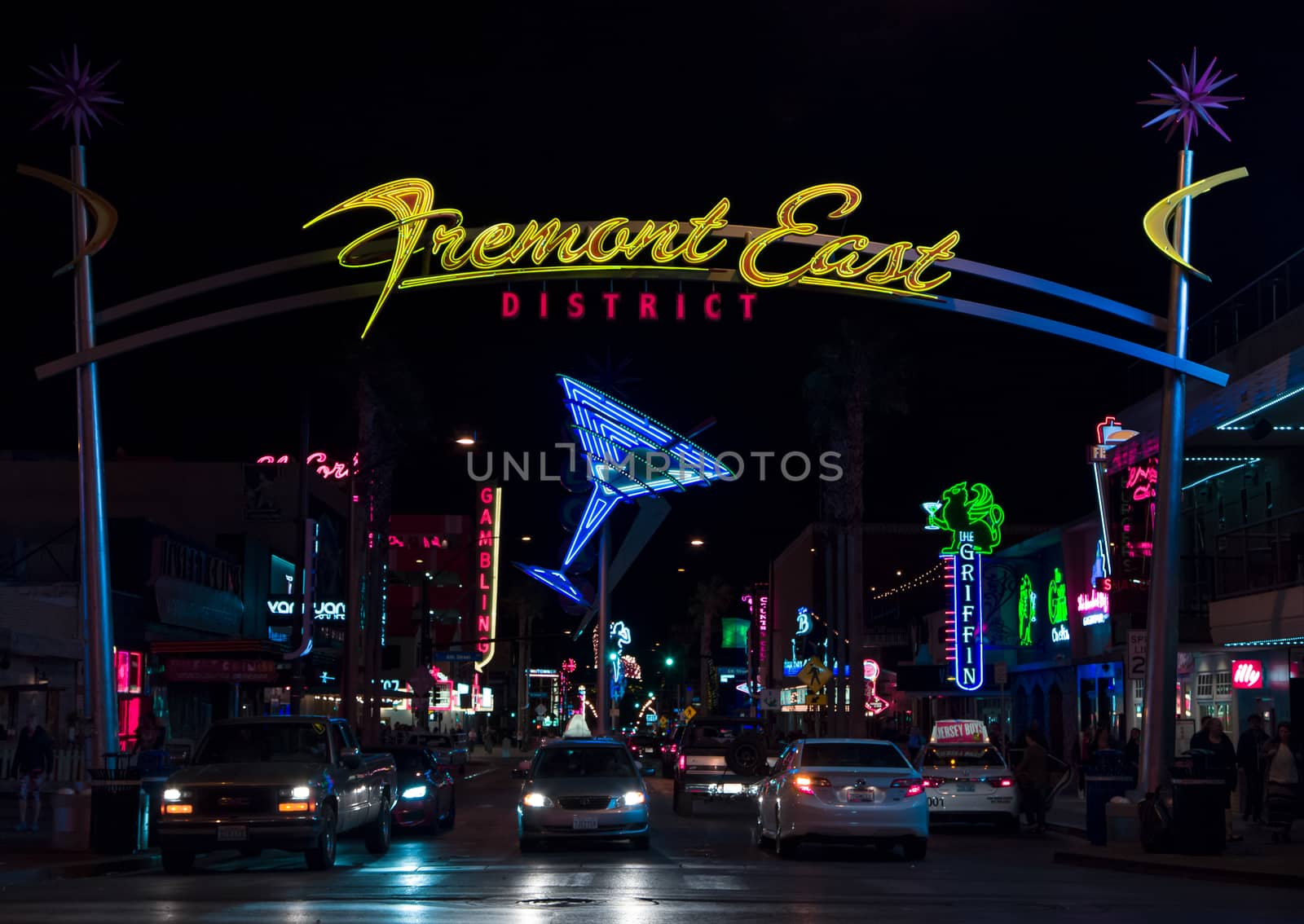LAS VEGAS, NV/USA - FEBRUARY 14, 2016: Landmark lights of Fremont East District in downtown Las Vegas.