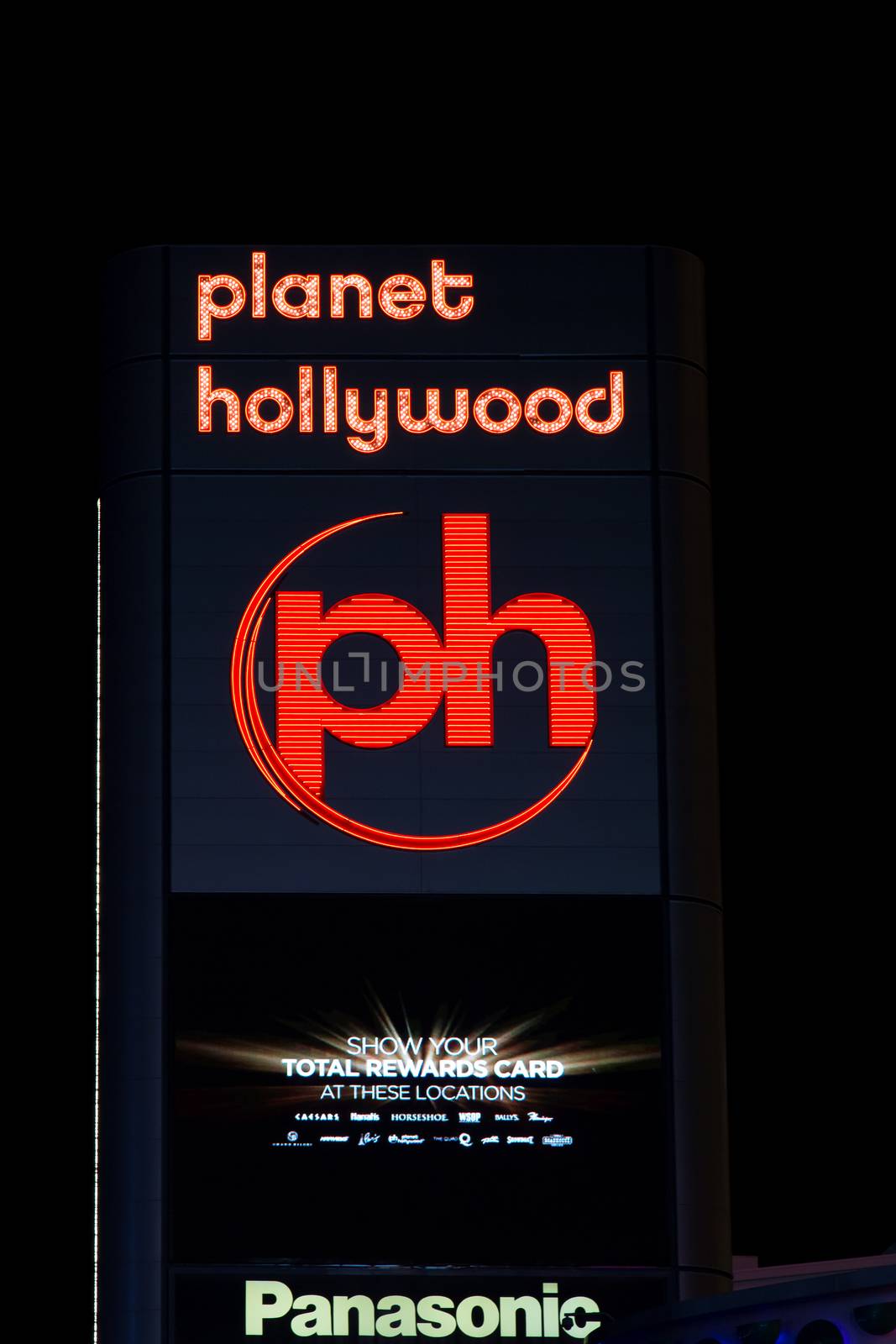 LAS VEGAS, NV/USA - FEBRUARY 14, 2016: Planet Hollywood exterior sign and logo at The Forum Shops at Caesars. Planet Hollywood International, Inc. is a theme restaurant.