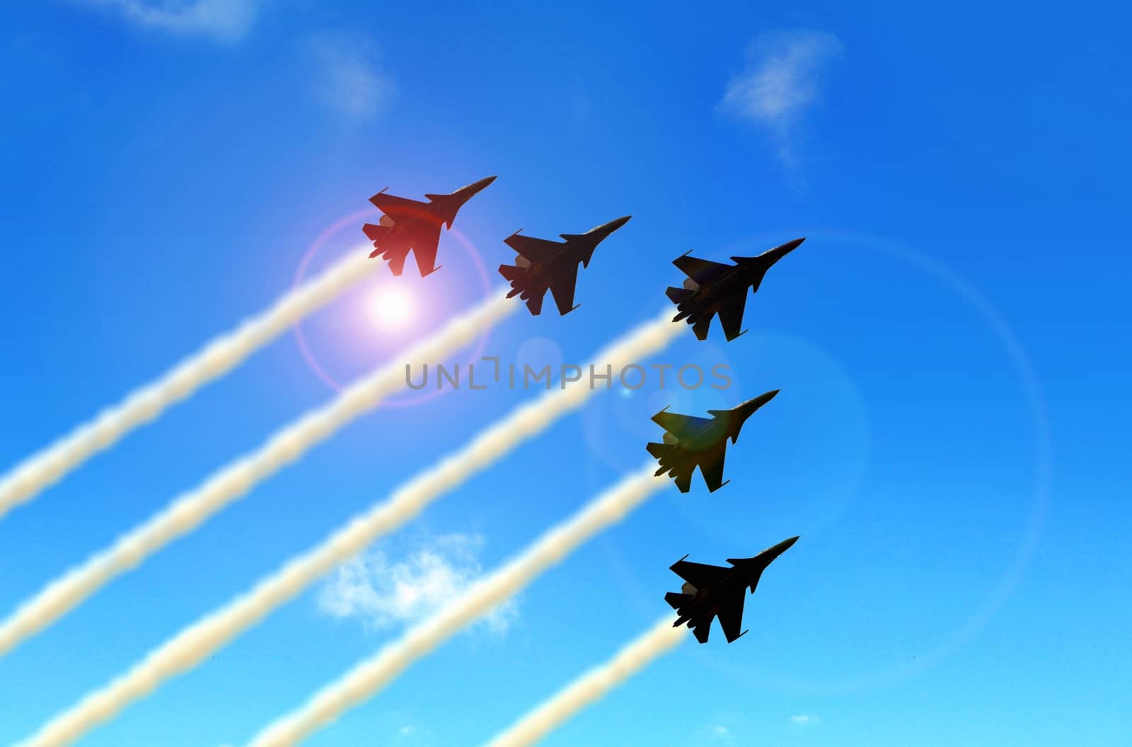 Military aerobatic jets formation under blue sky during Air Show