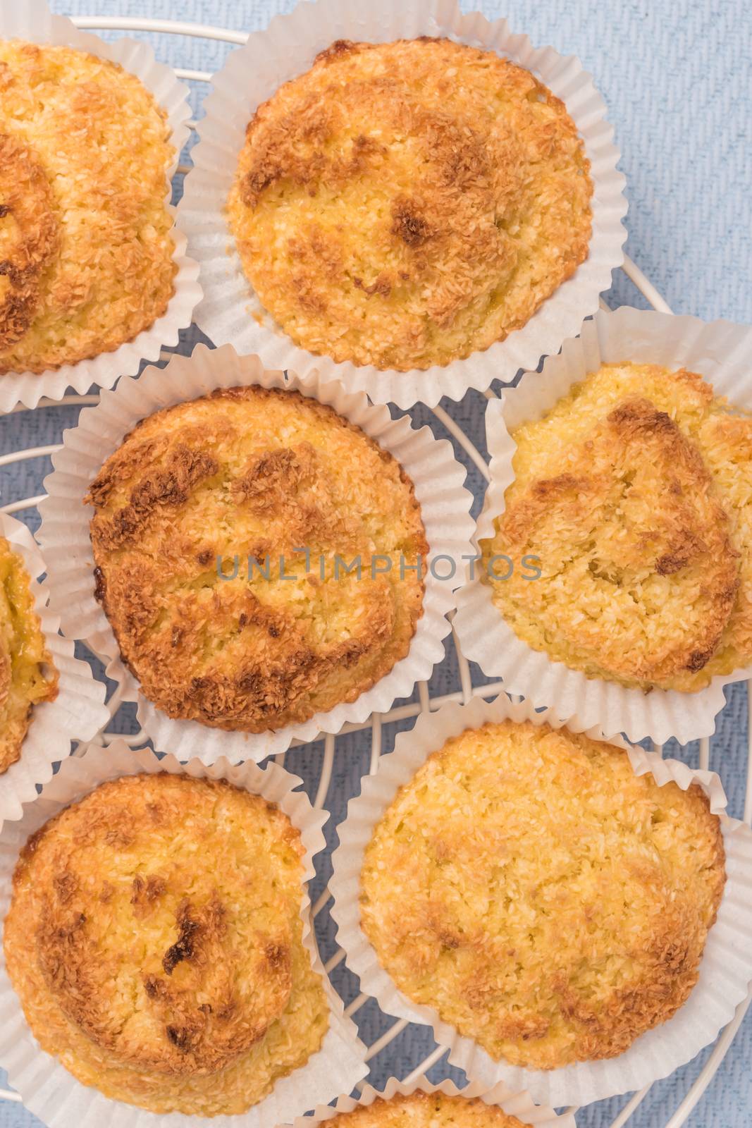 Close up of homemade coconut macaroons, cookie recipe in the oven. Top view