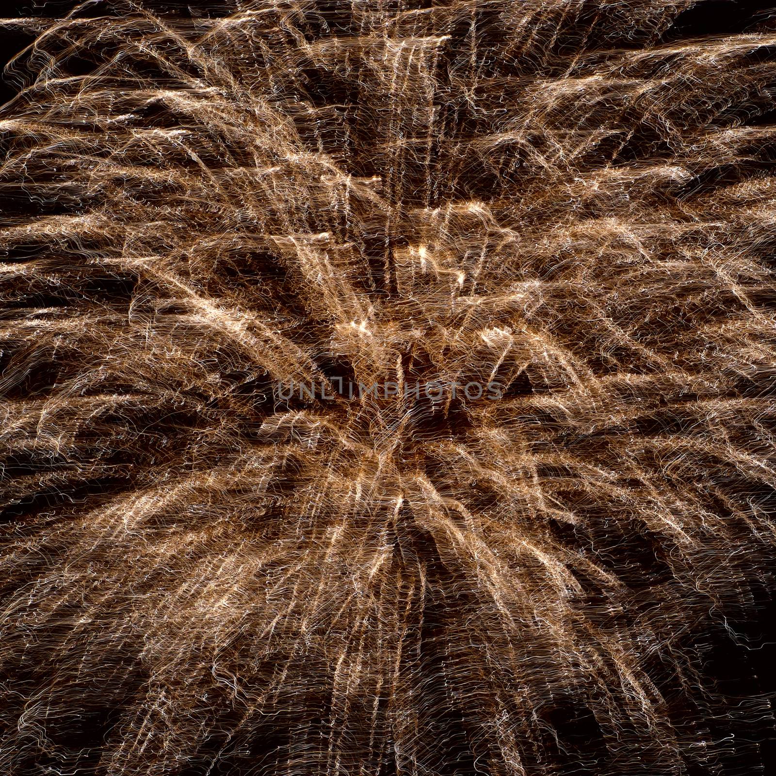 Abstract yellow fireworks on the black sky background. Holiday celebration.