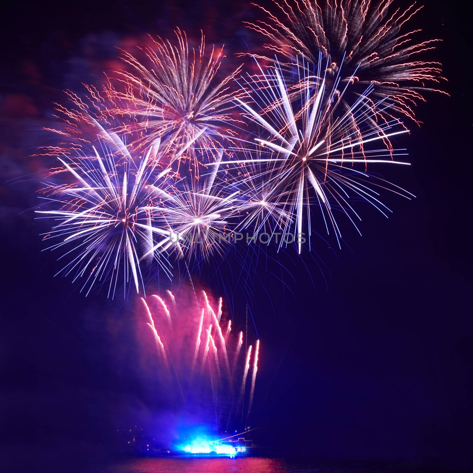 Blue colorful fireworks on the black sky background