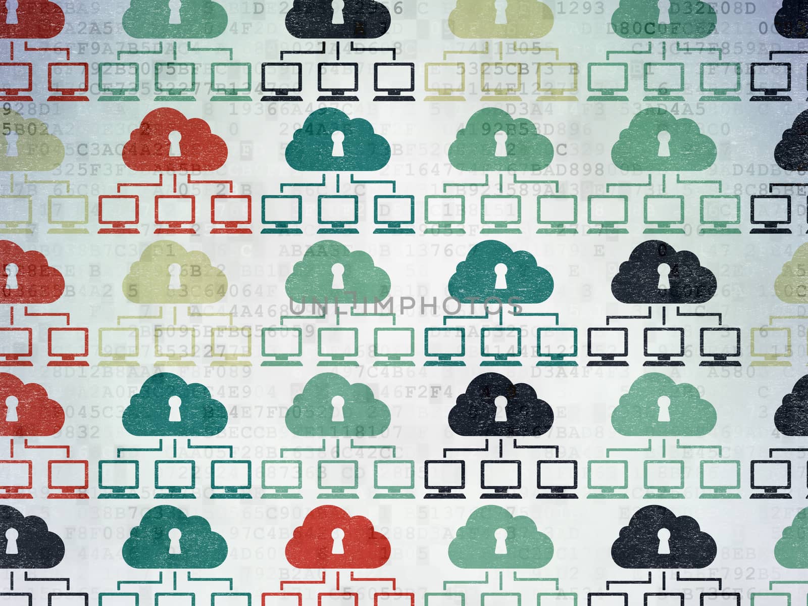 Privacy concept: Painted multicolor Cloud Network icons on Digital Paper background
