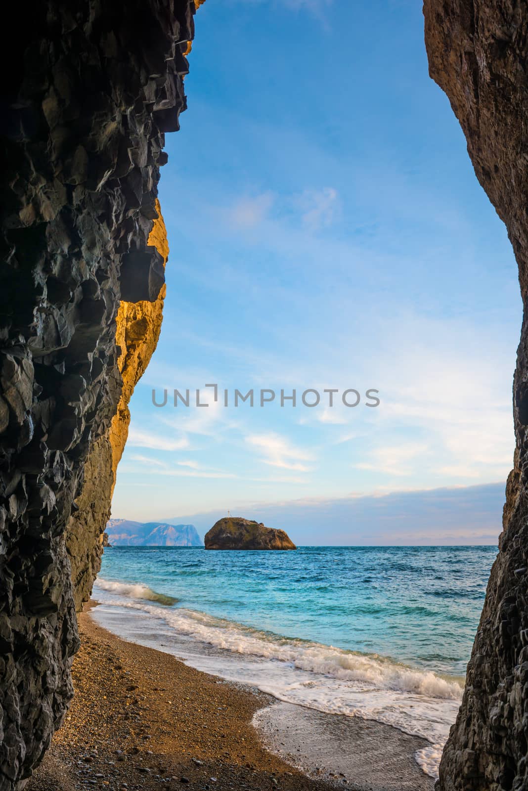 Tropical sea, rocks on the beach and blue sky with beautiful clouds