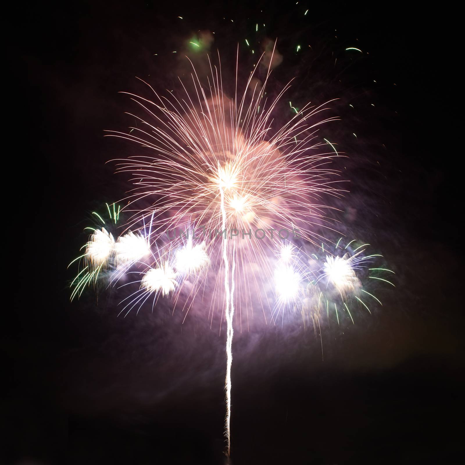 Red colorful fireworks on the black sky background