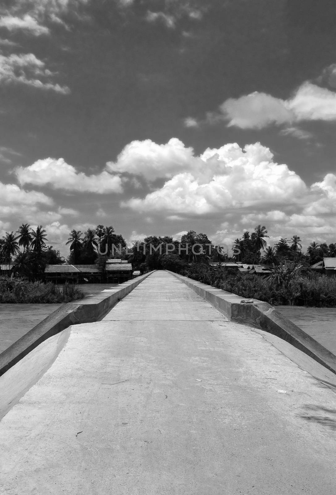 cement bridge laos village in black and white color