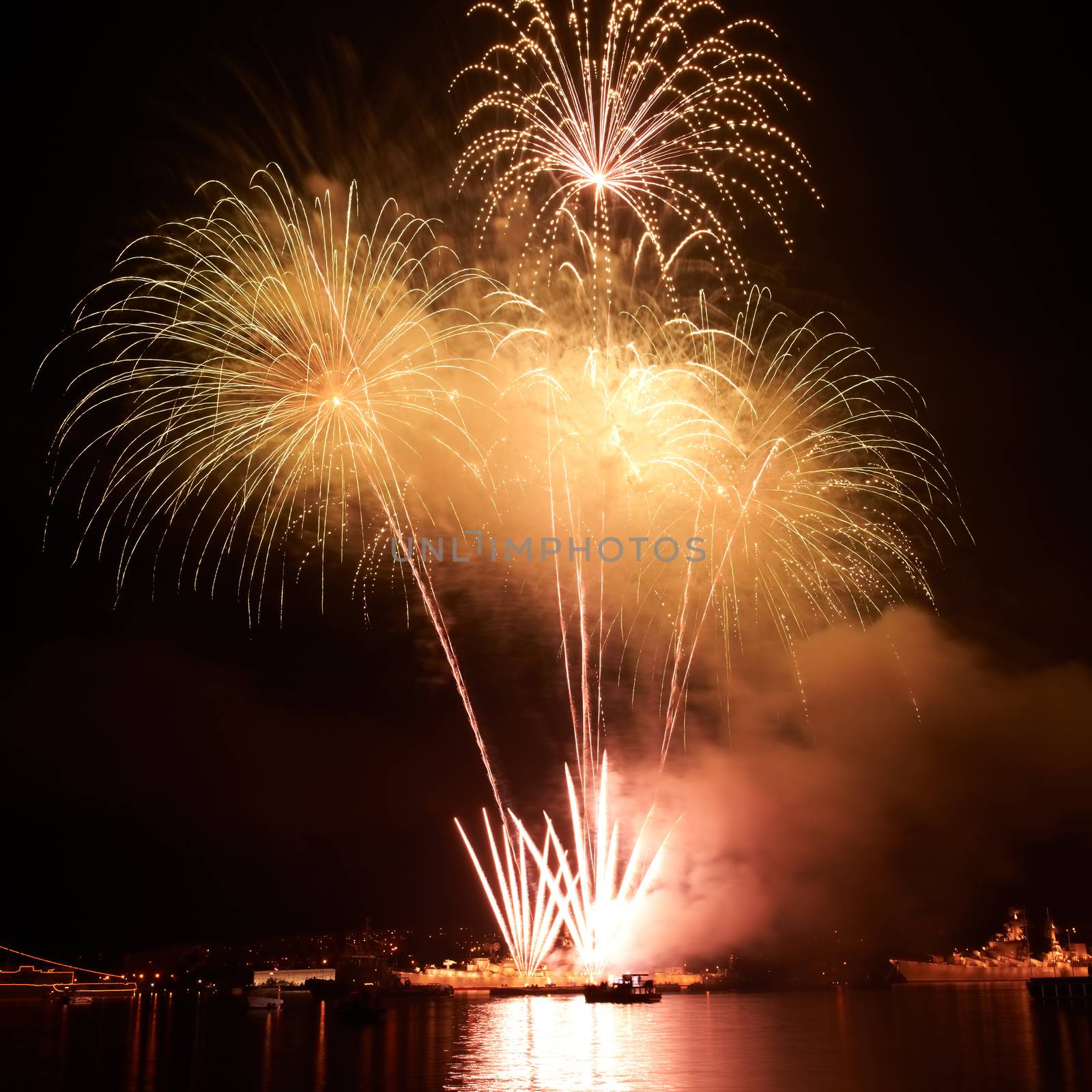 Red colorful fireworks on the black sky background