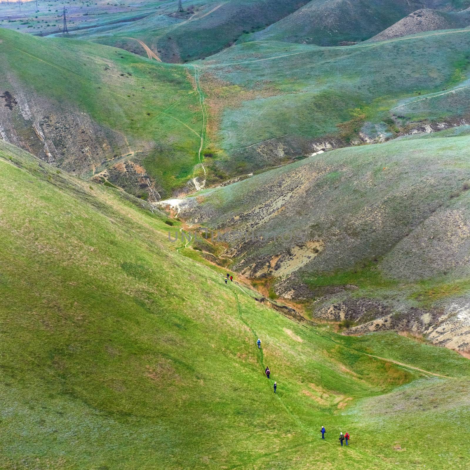 Group of people hiking in the green mountains