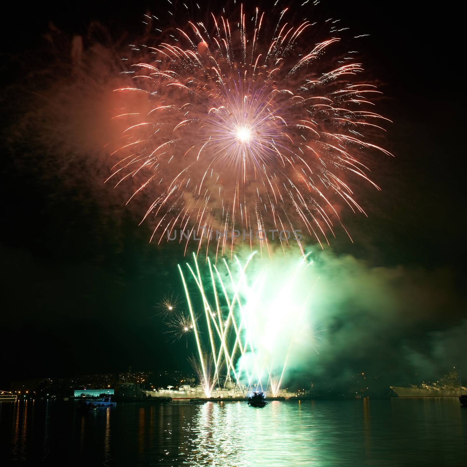 Colorful fireworks on the black sky background