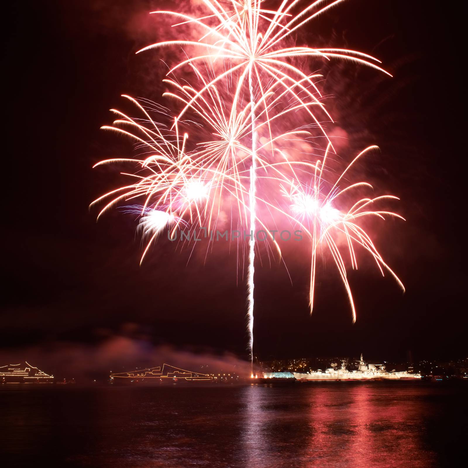 Red colorful fireworks on the black sky background