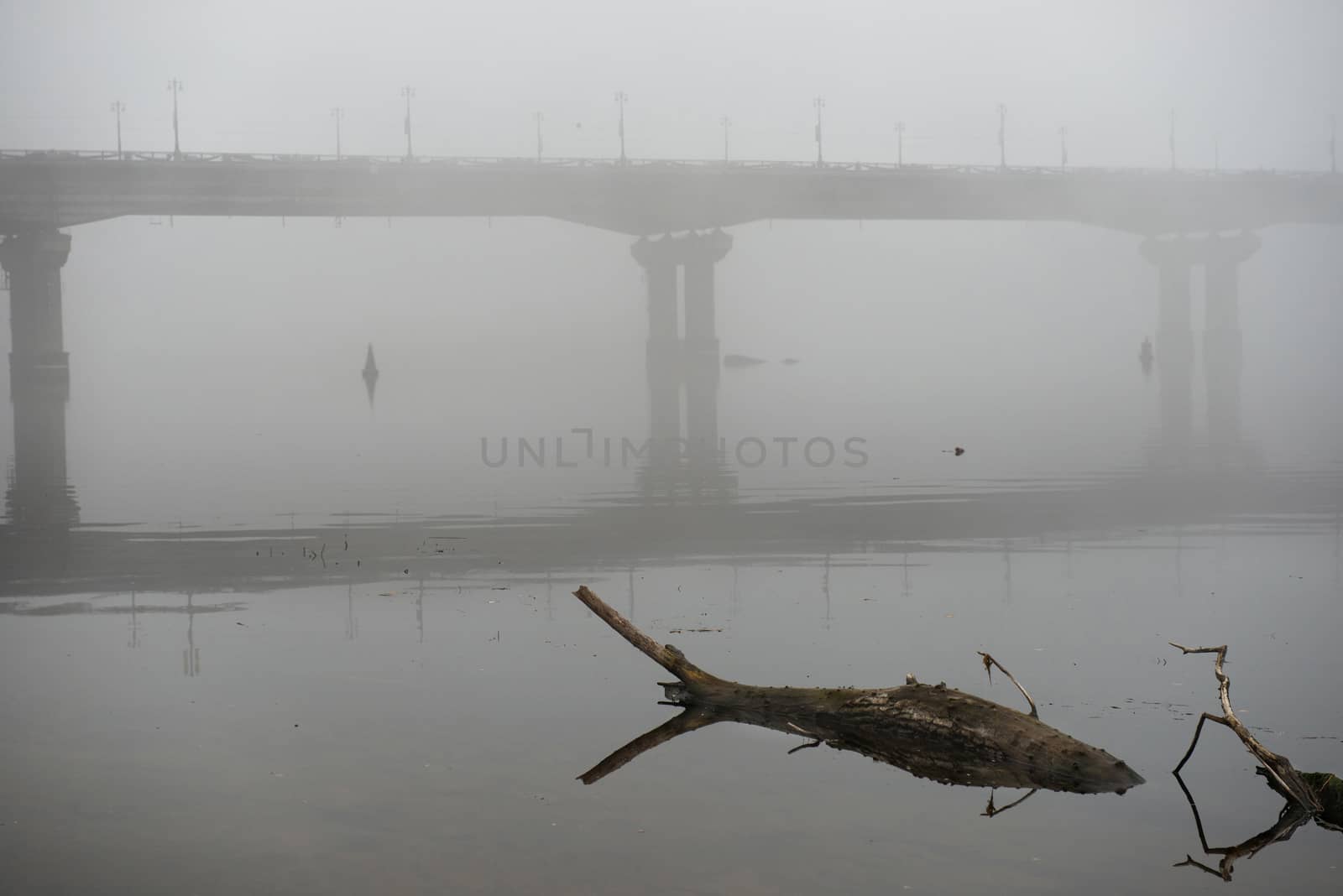 Bridge through Dnepr river in misty morning with a big log