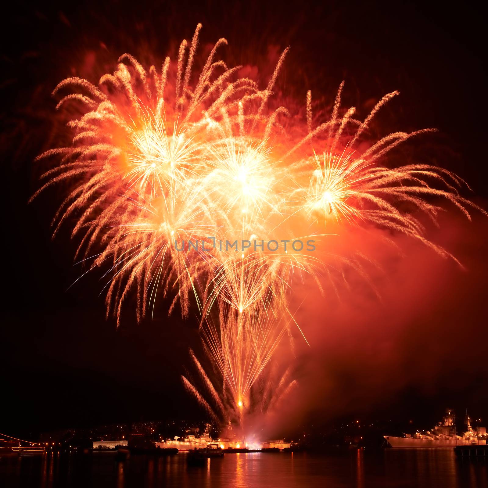 Red colorful fireworks on the black sky background