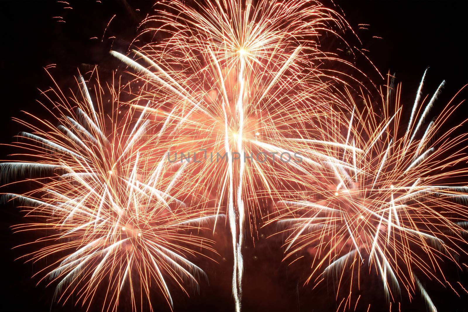 Red colorful holiday fireworks on the black sky background.