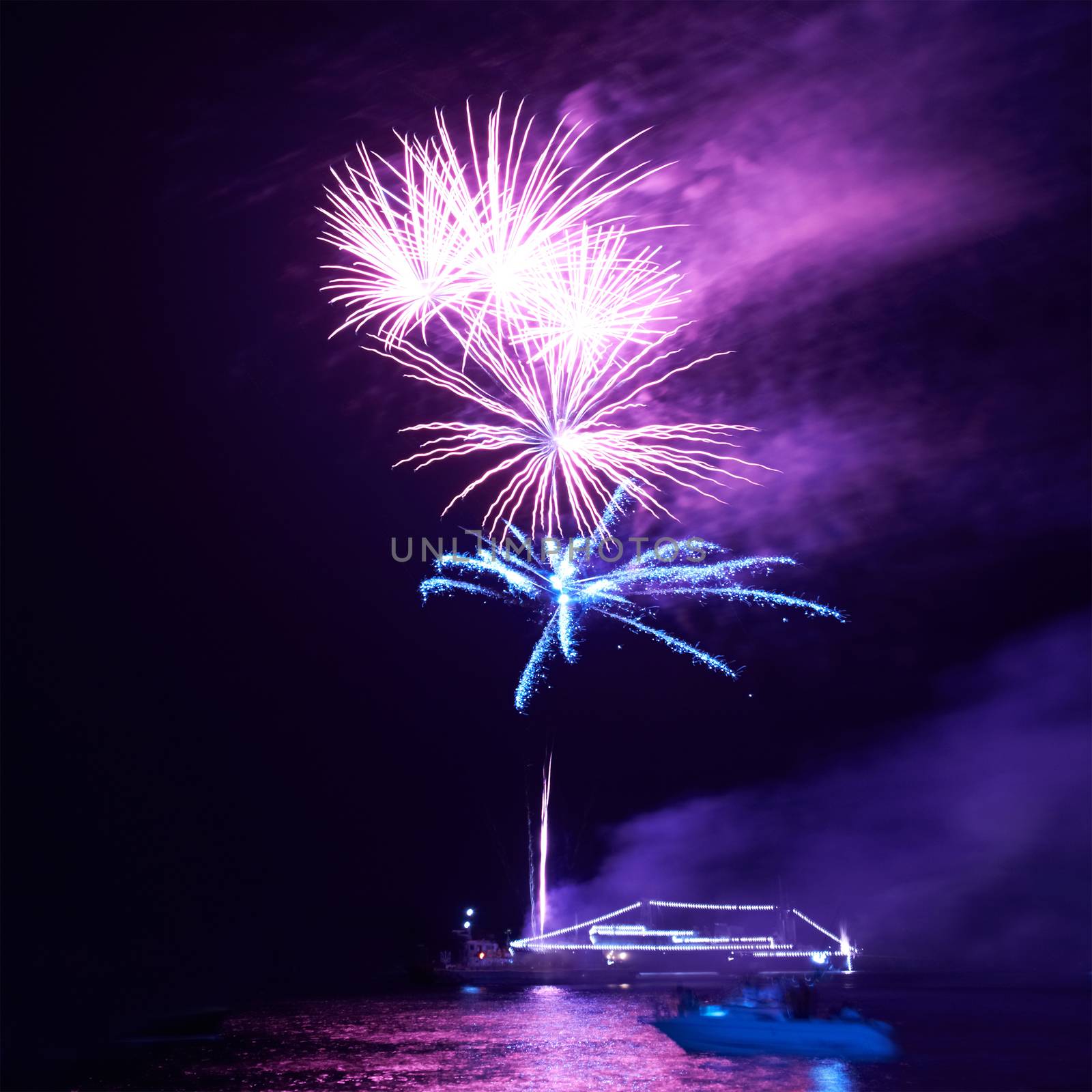 Blue colorful fireworks on the black sky background