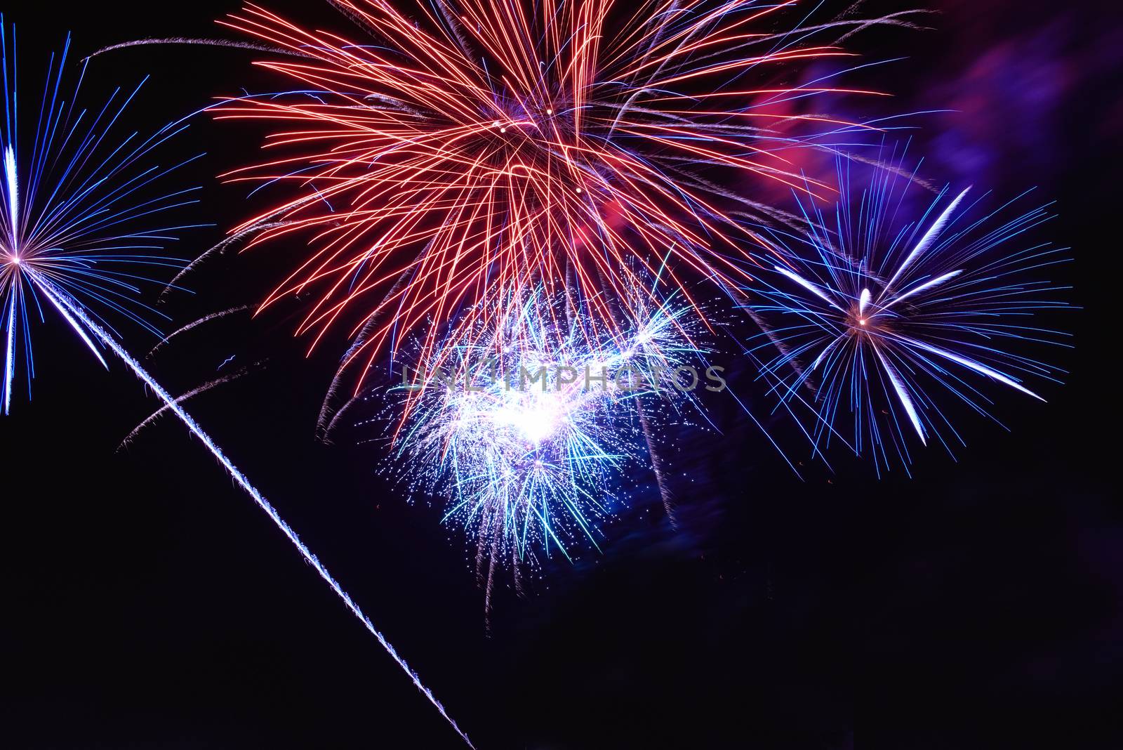 Blue colorful fireworks on the black sky background