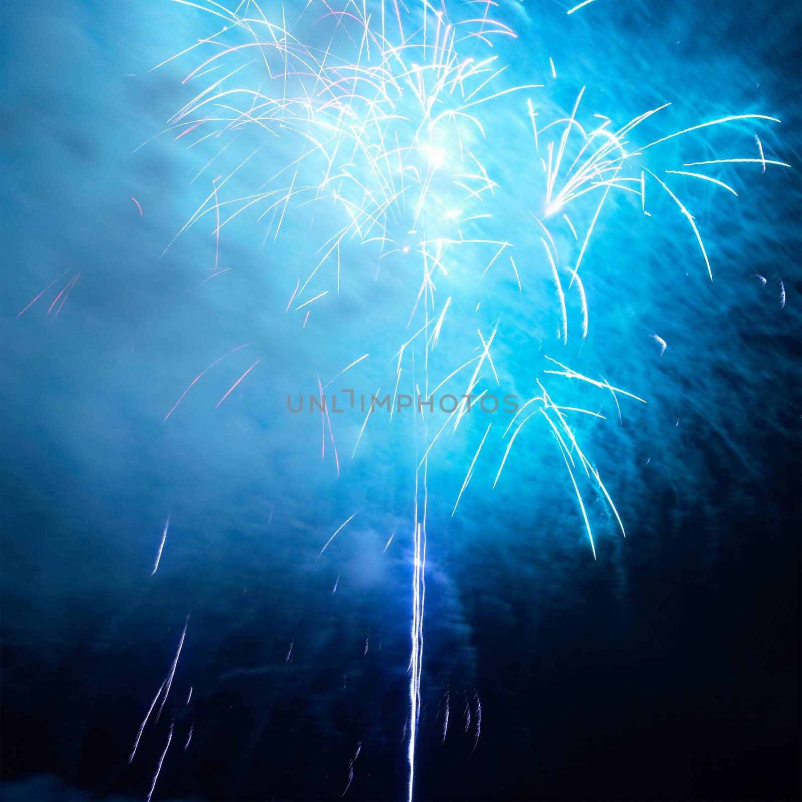 Blue colorful holiday fireworks on the black sky background.