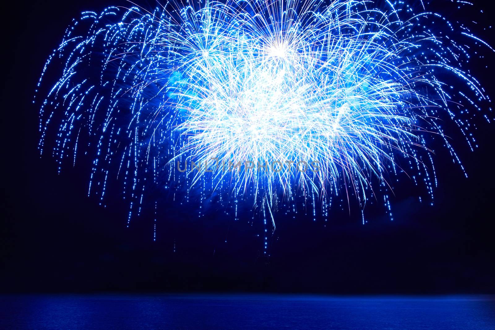 Blue colorful fireworks on the black sky background