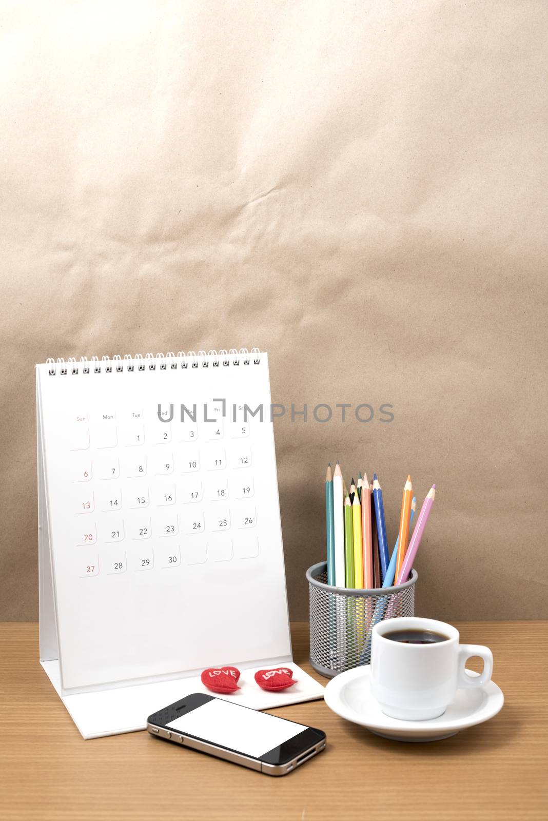 office desk : coffee with phone,calendar,heart,color pencil by ammza12