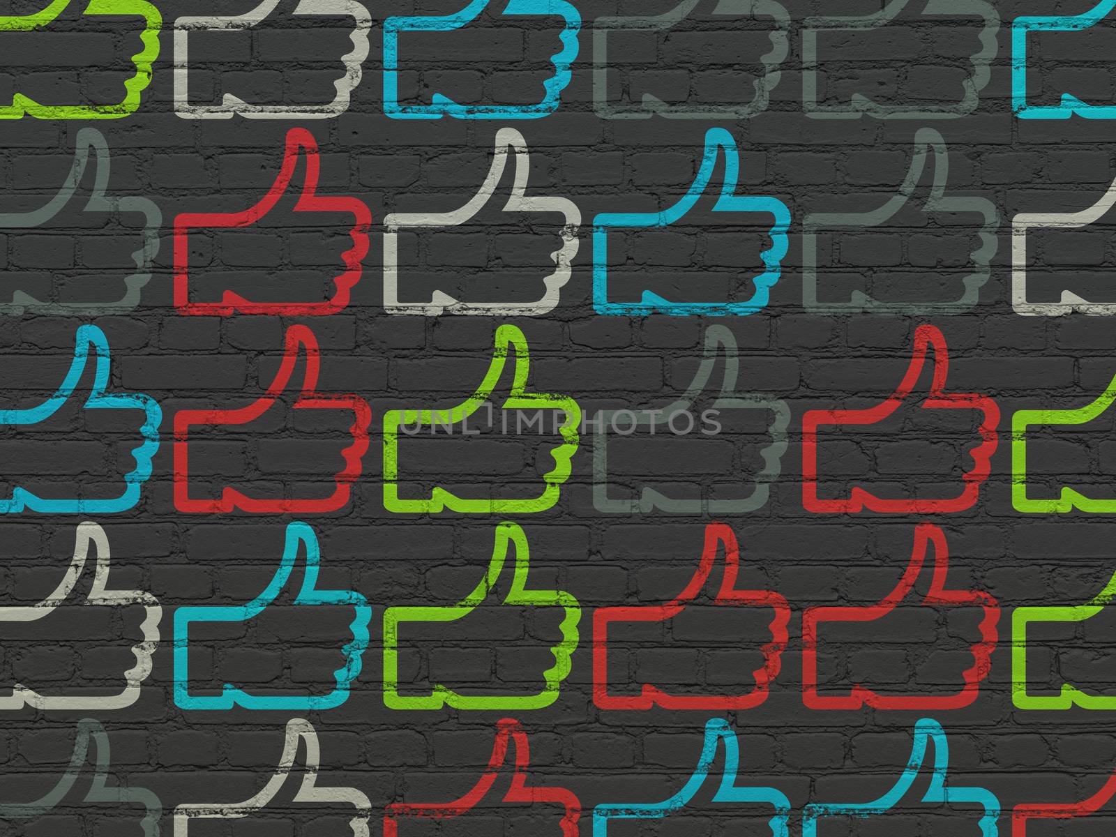 Social media concept: Painted multicolor Thumb Up icons on Black Brick wall background