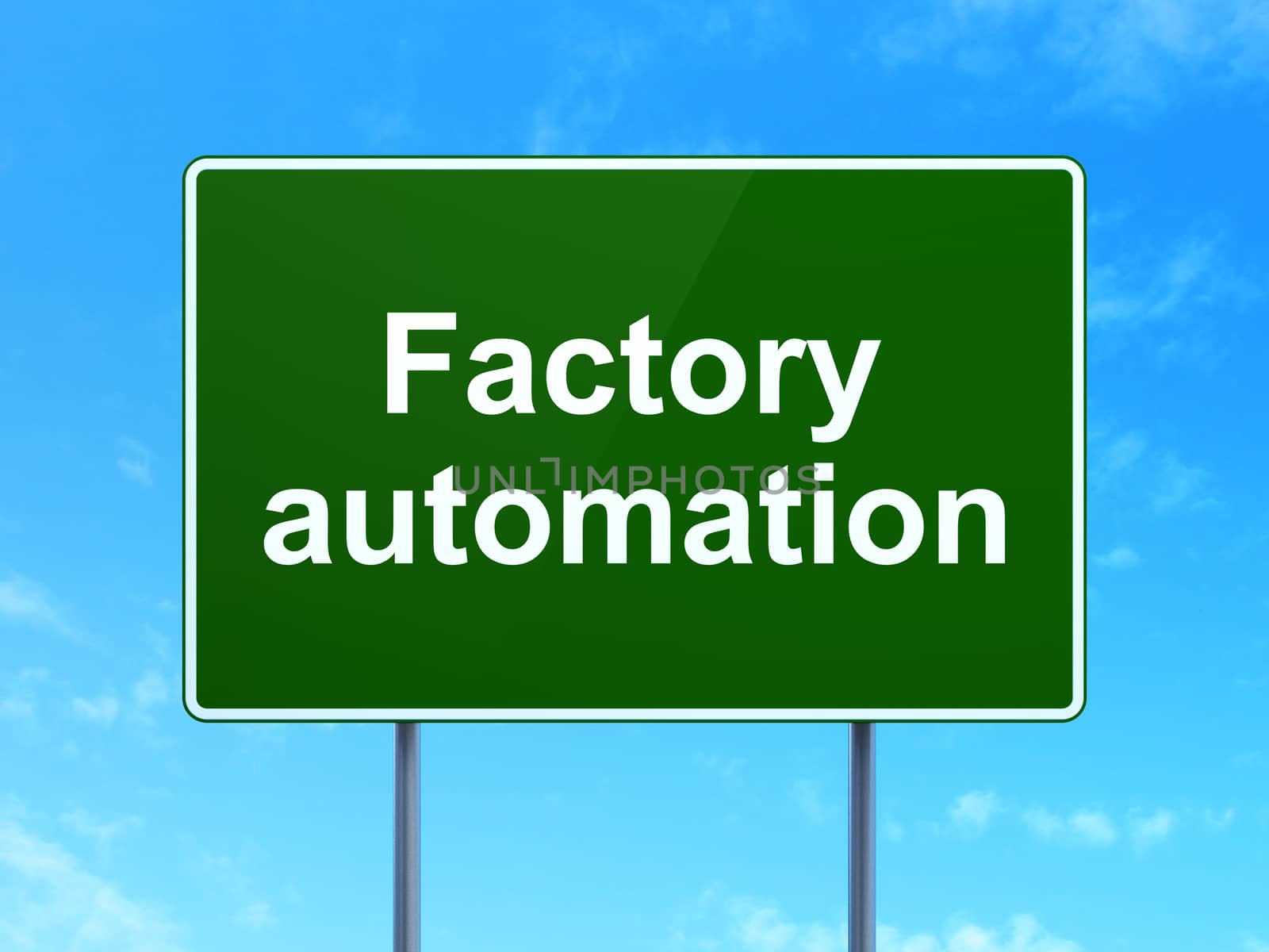 Industry concept: Factory Automation on green road highway sign, clear blue sky background, 3d render