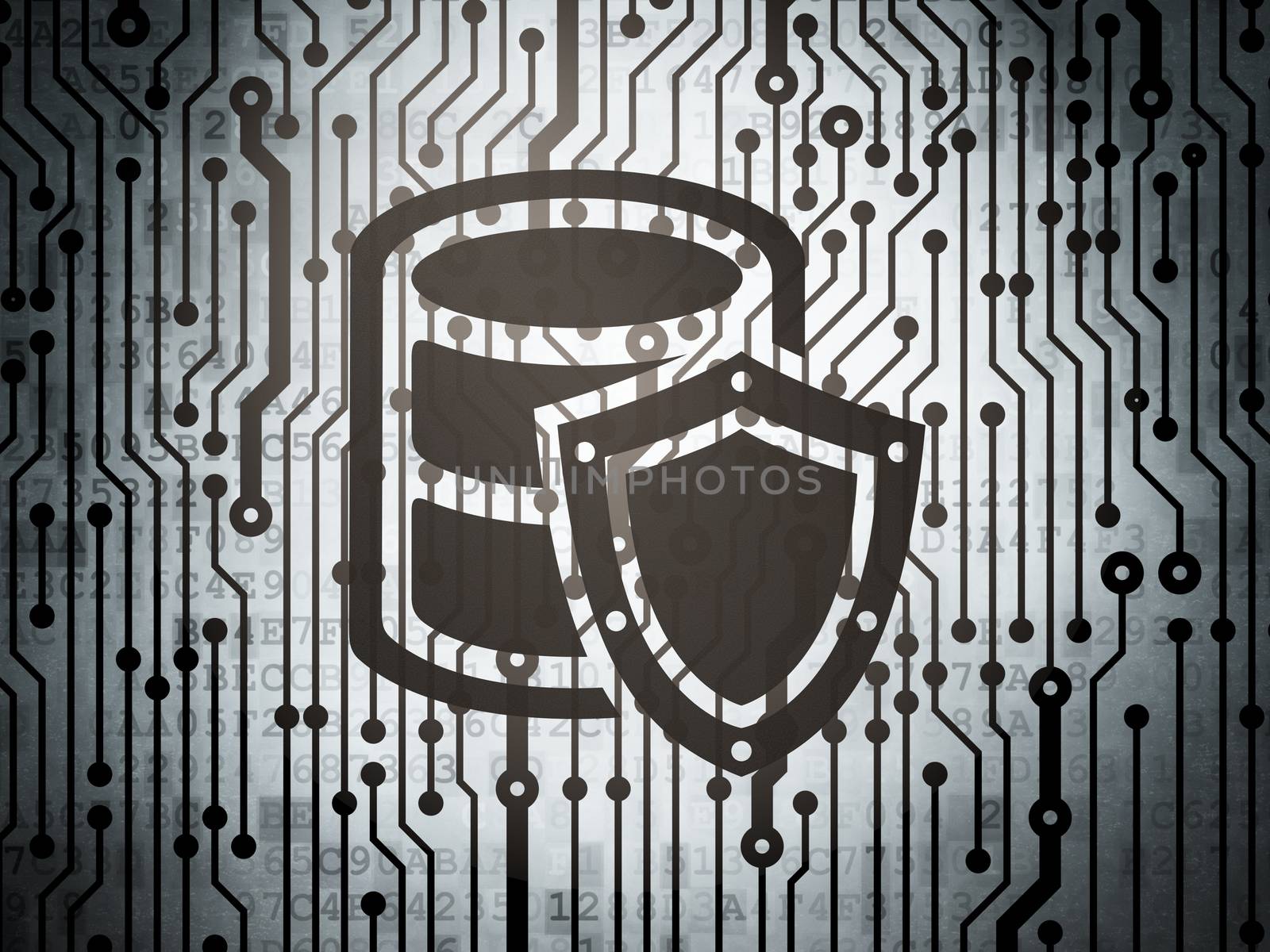 Database concept: circuit board with  Database With Shield icon, 3d render