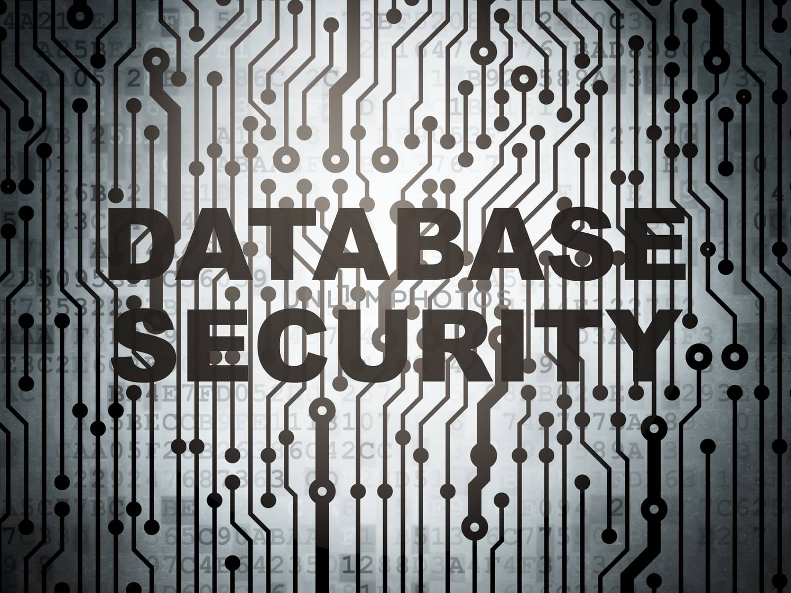 Software concept: circuit board with  word Database Security, 3d render