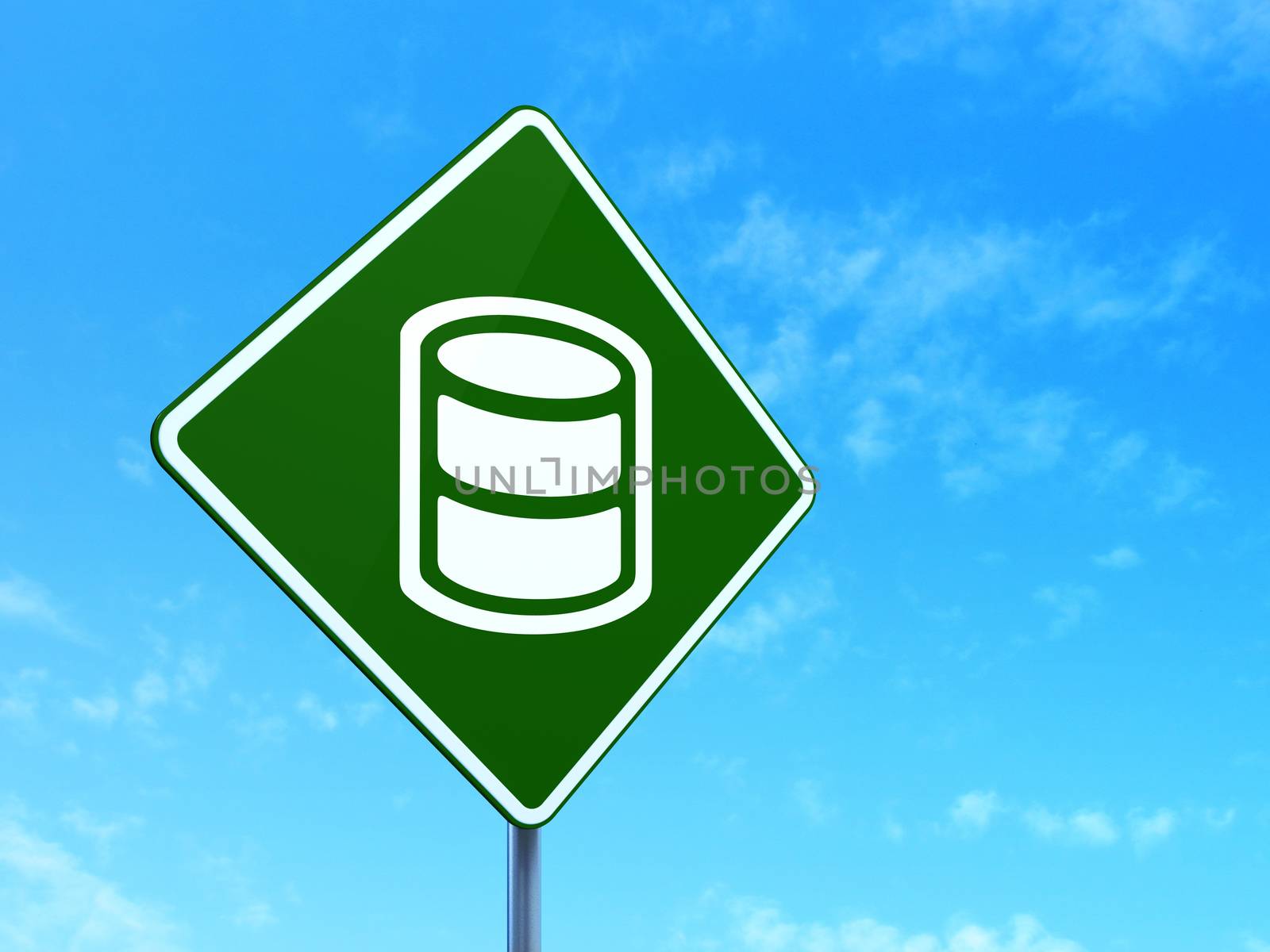 Database concept: Database on green road highway sign, clear blue sky background, 3d render