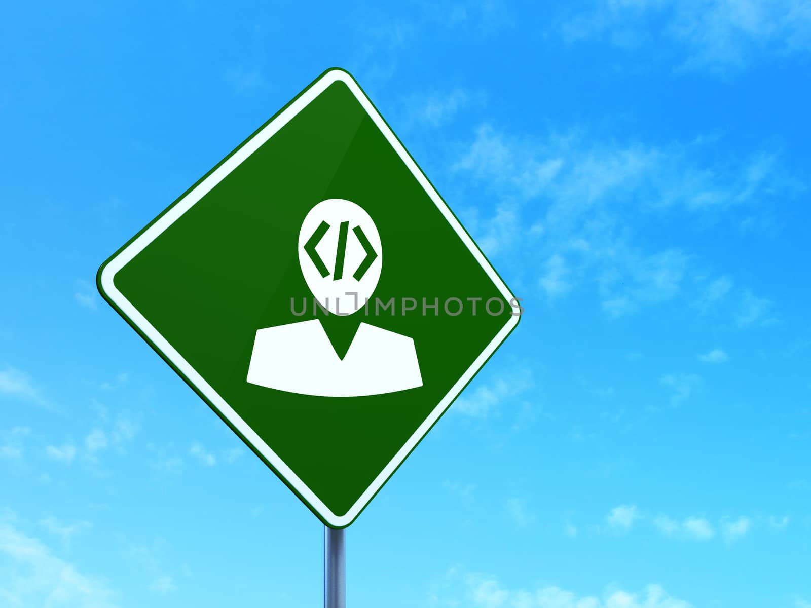 Programming concept: Programmer on green road highway sign, clear blue sky background, 3d render