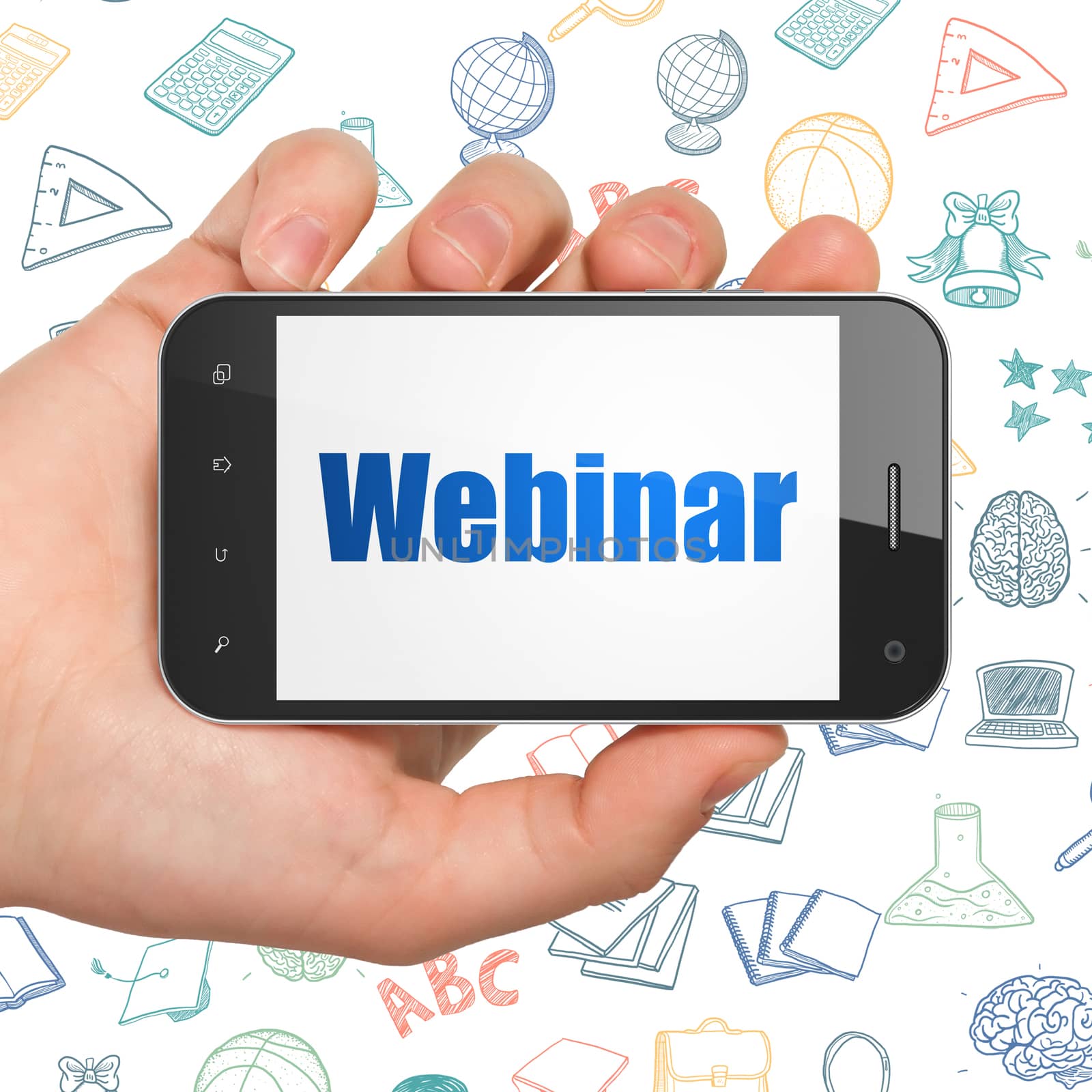 Education concept: Hand Holding Smartphone with  blue text Webinar on display,  Hand Drawn Education Icons background