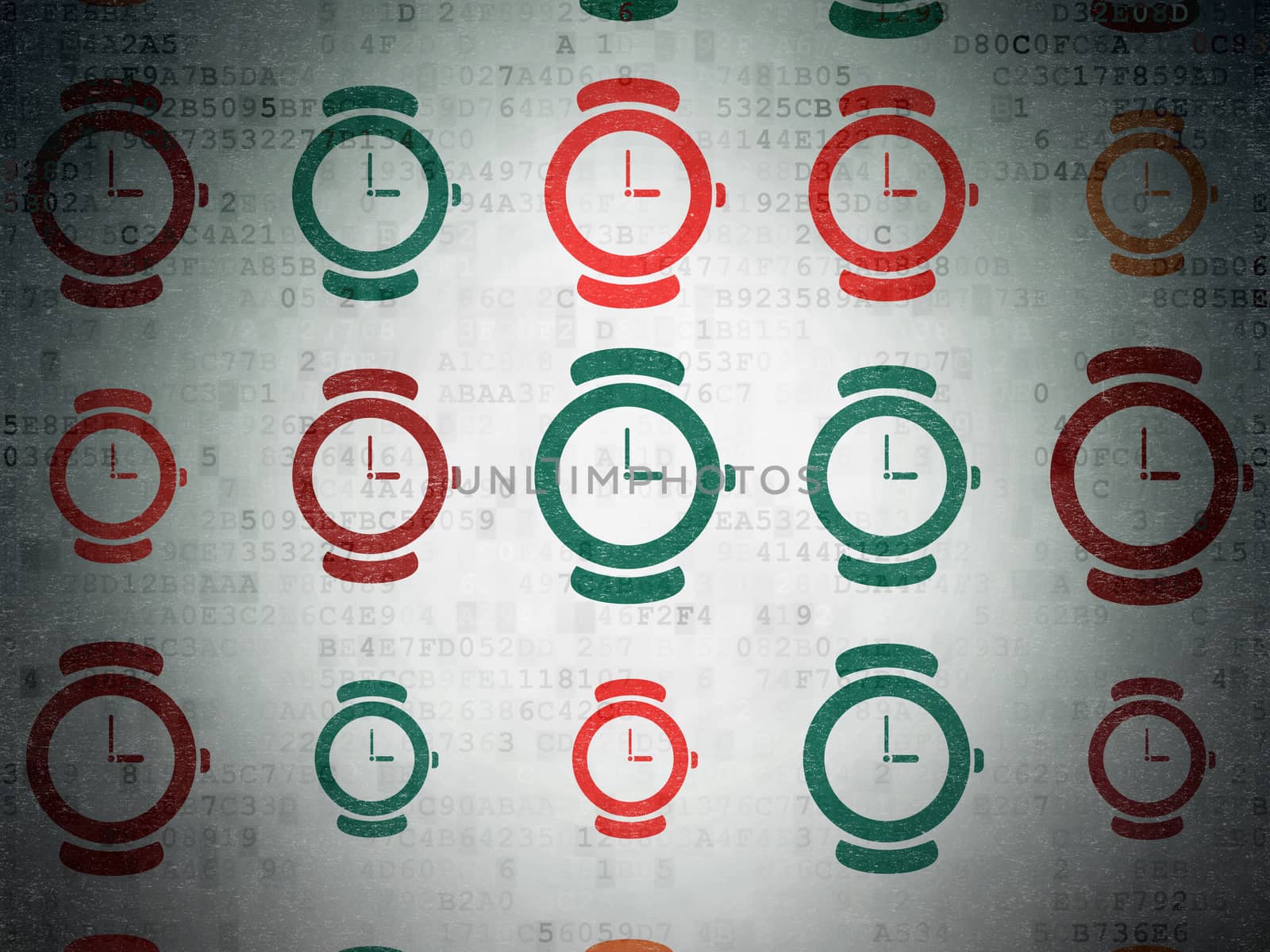 Timeline concept: Painted multicolor Hand Watch icons on Digital Paper background