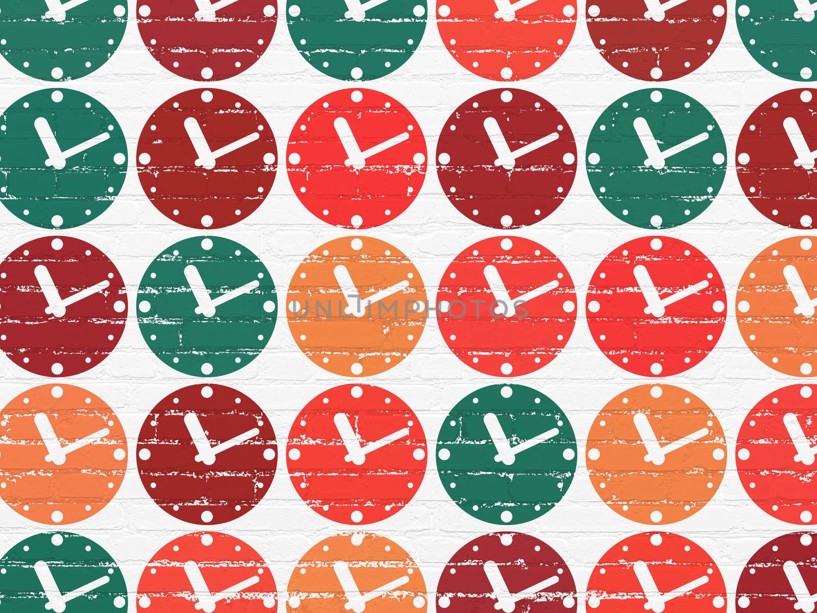 Timeline concept: Painted multicolor Clock icons on White Brick wall background