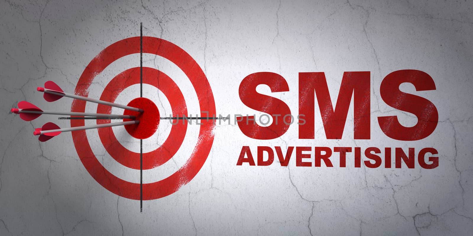 Success advertising concept: arrows hitting the center of target, Red SMS Advertising on wall background