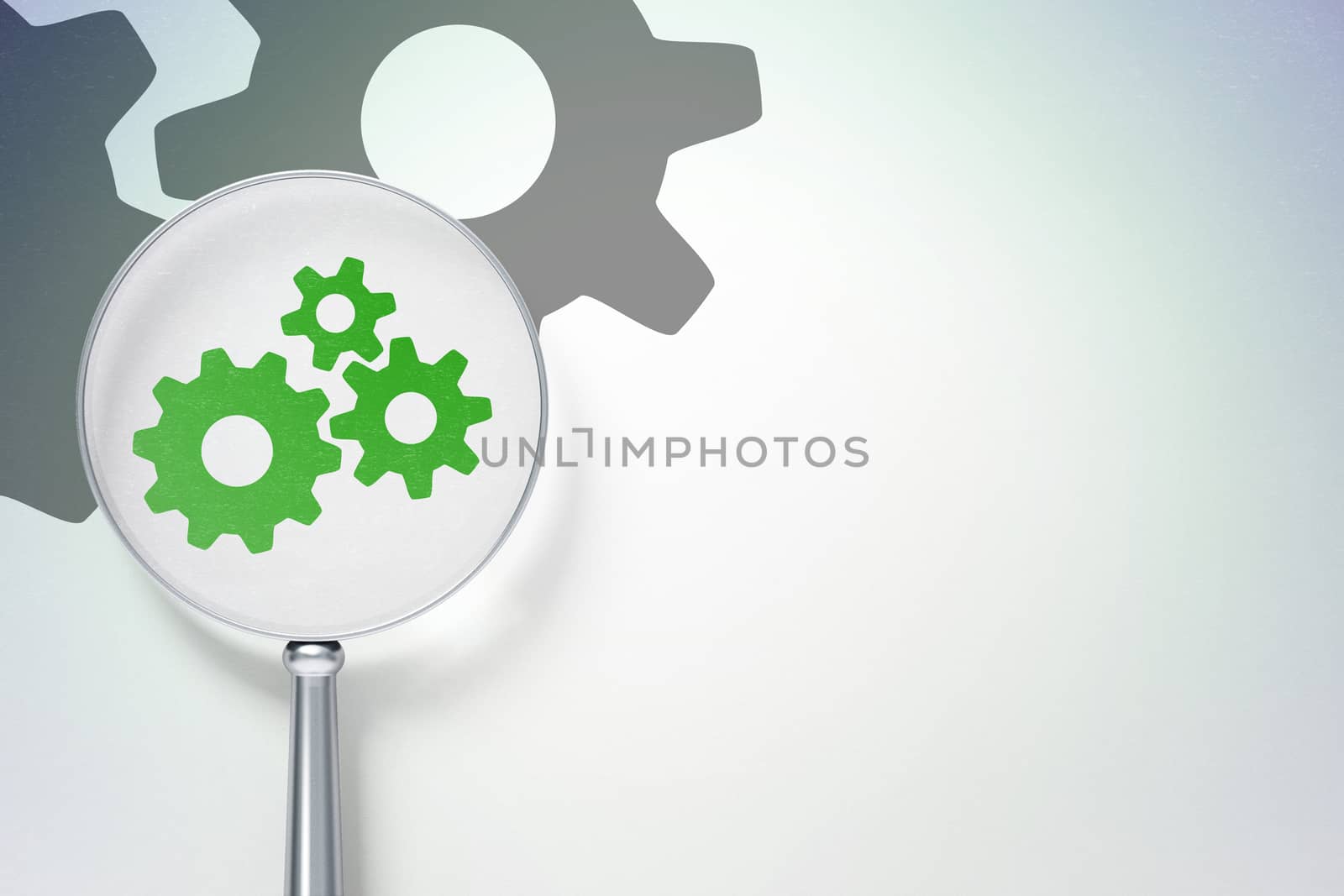 Advertising concept:  Gears with optical glass on digital background by maxkabakov