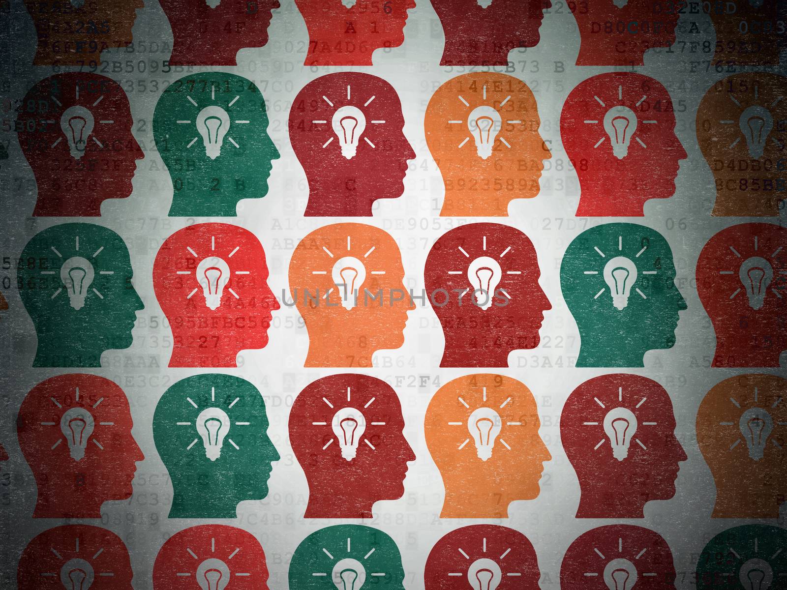 Advertising concept: Painted multicolor Head With Light Bulb icons on Digital Paper background