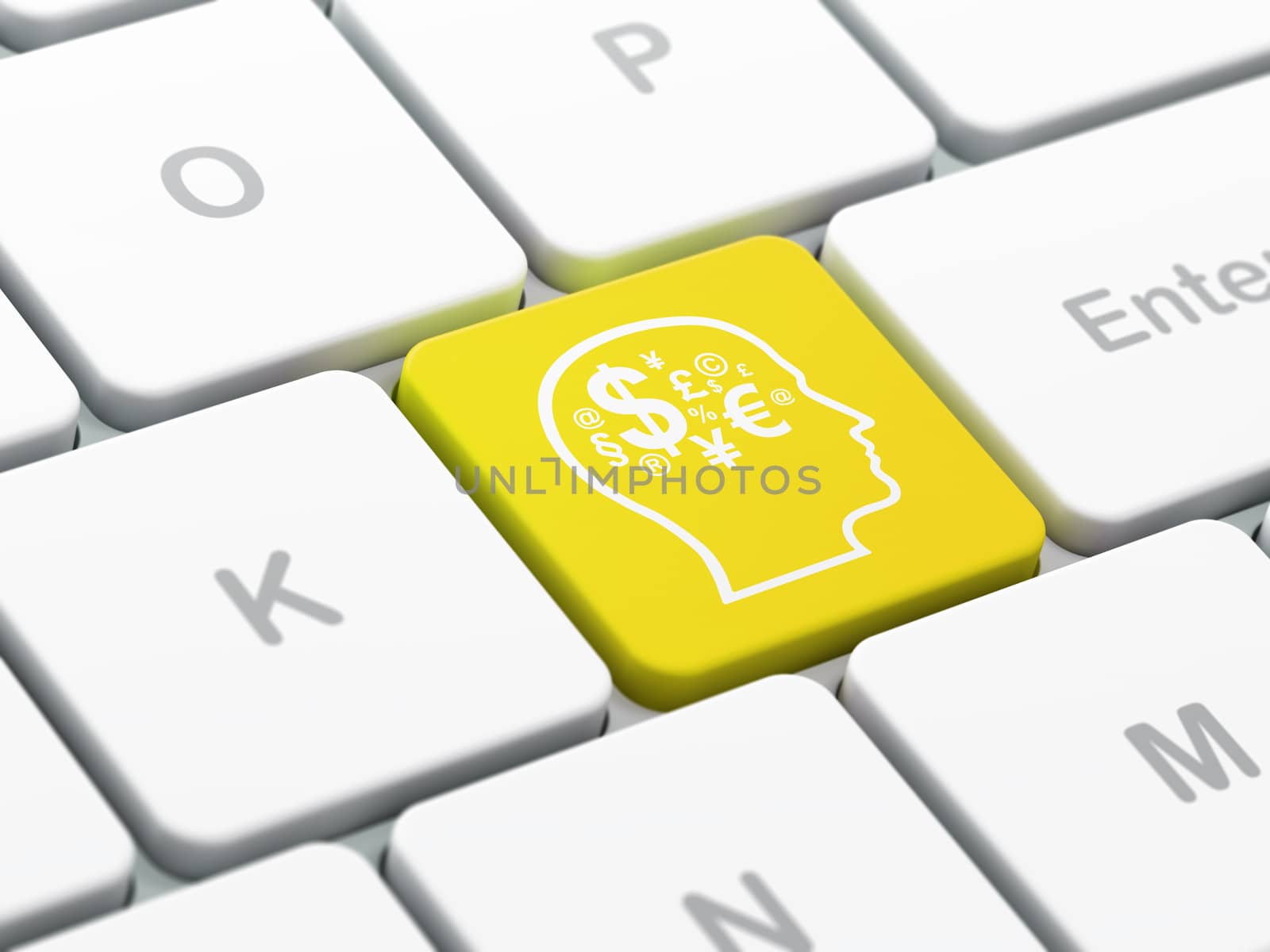 Advertising concept: computer keyboard with Head With Finance Symbol icon on enter button background, selected focus, 3d render