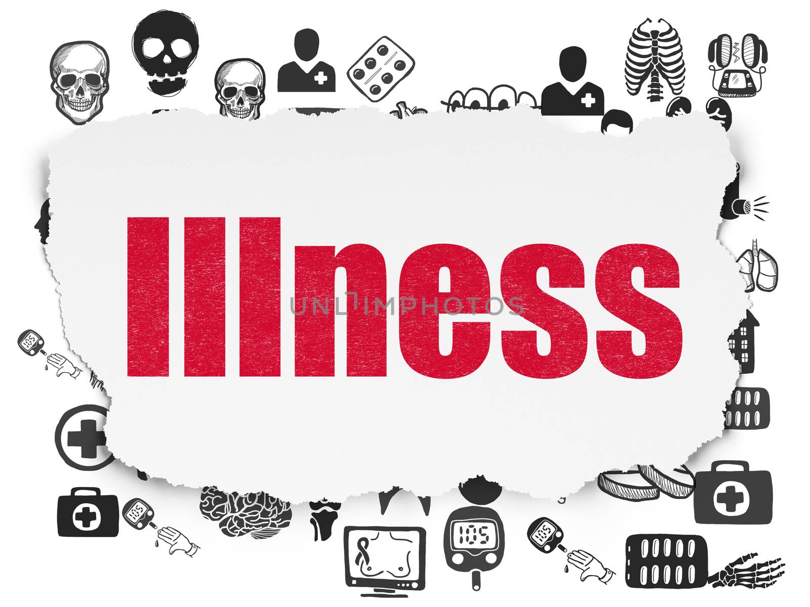 Health concept: Painted red text Illness on Torn Paper background with  Hand Drawn Medicine Icons