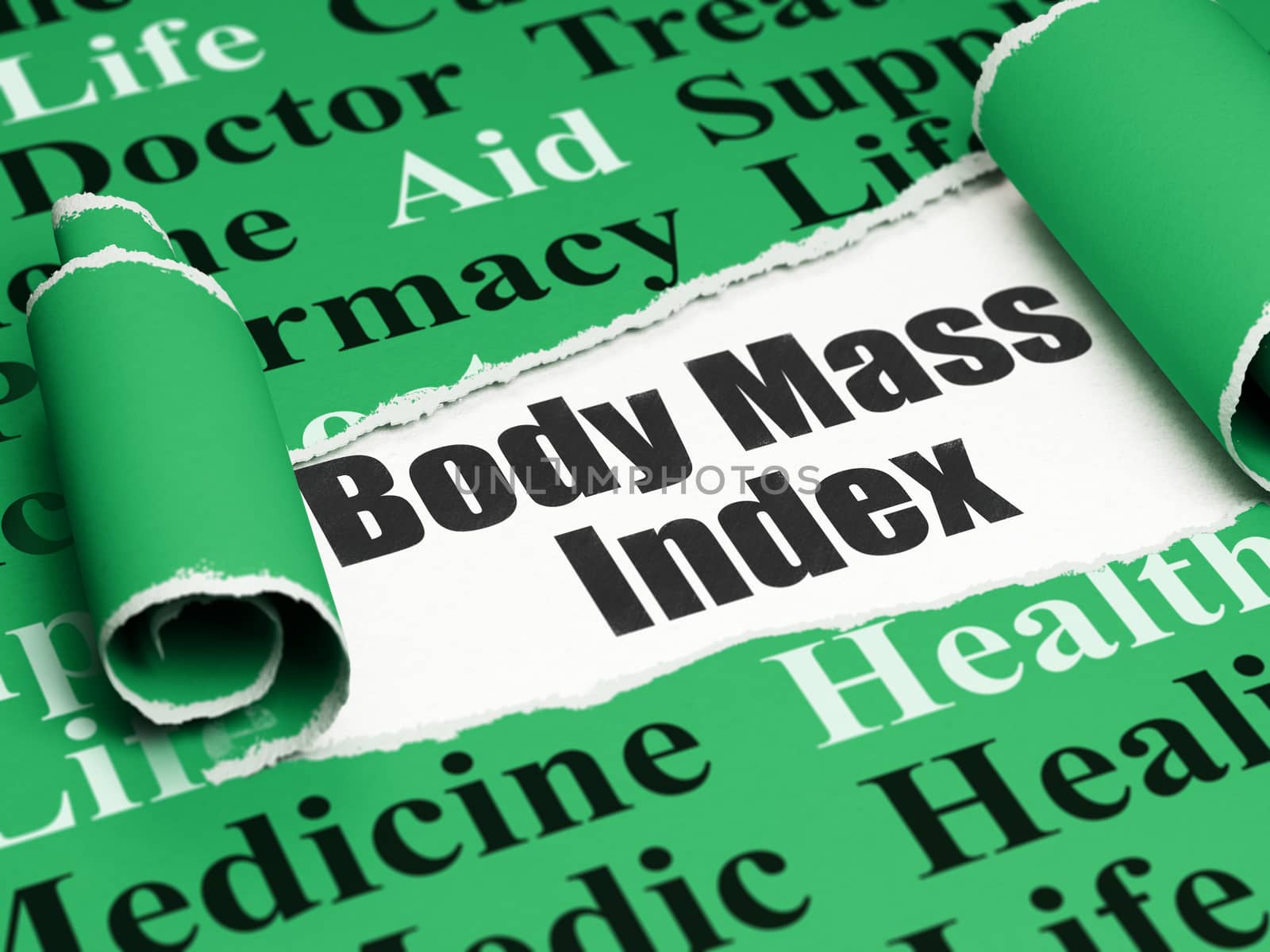 Medicine concept: black text Body Mass Index under the curled piece of Green torn paper with  Tag Cloud