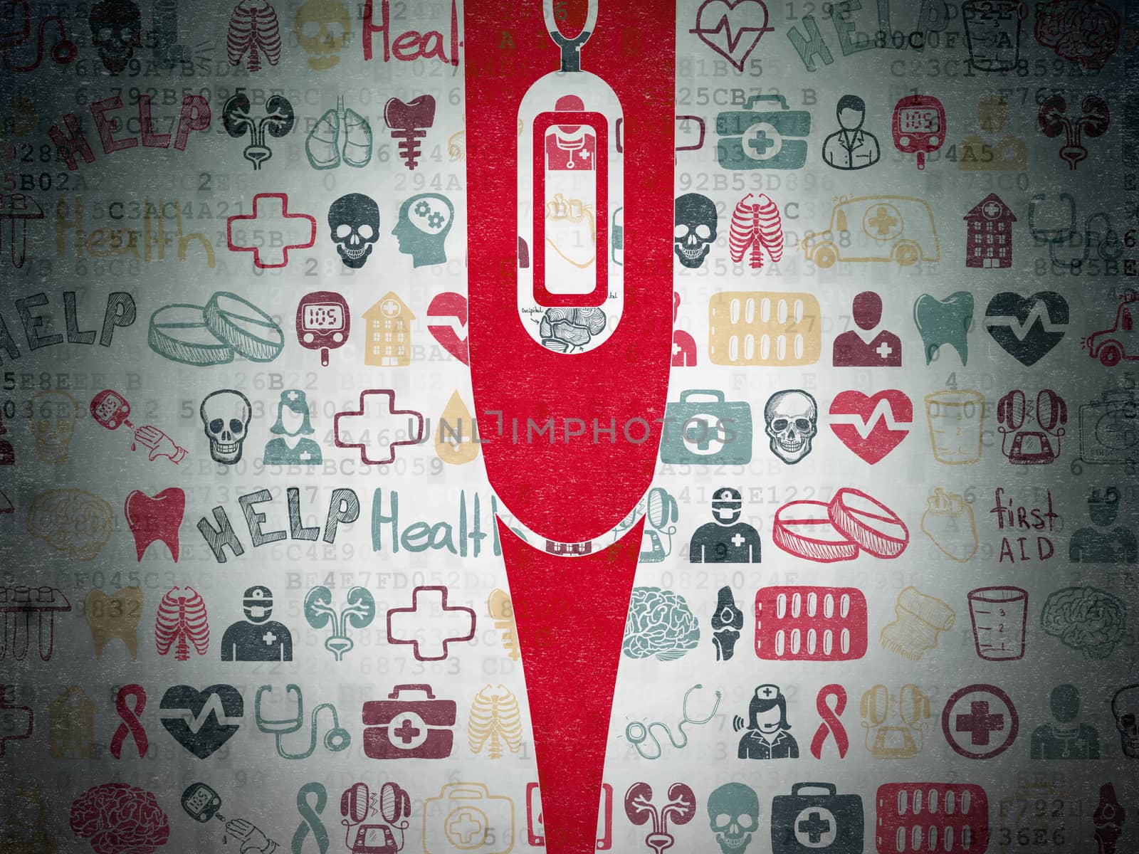 Medicine concept: Painted red Thermometer icon on Digital Paper background with  Hand Drawn Medicine Icons