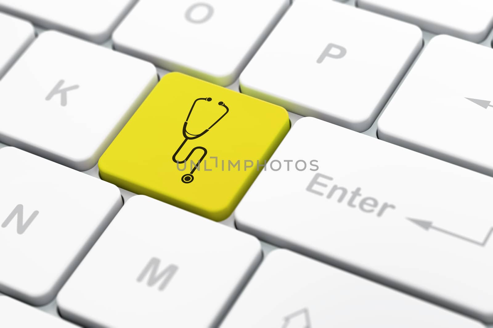 Health concept: computer keyboard with Stethoscope icon on enter button background, selected focus, 3d render