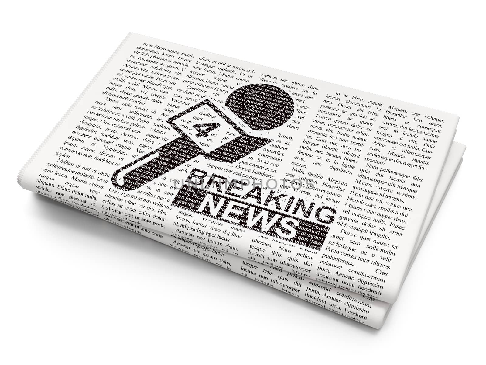 News concept: Pixelated black Breaking News And Microphone icon on Newspaper background