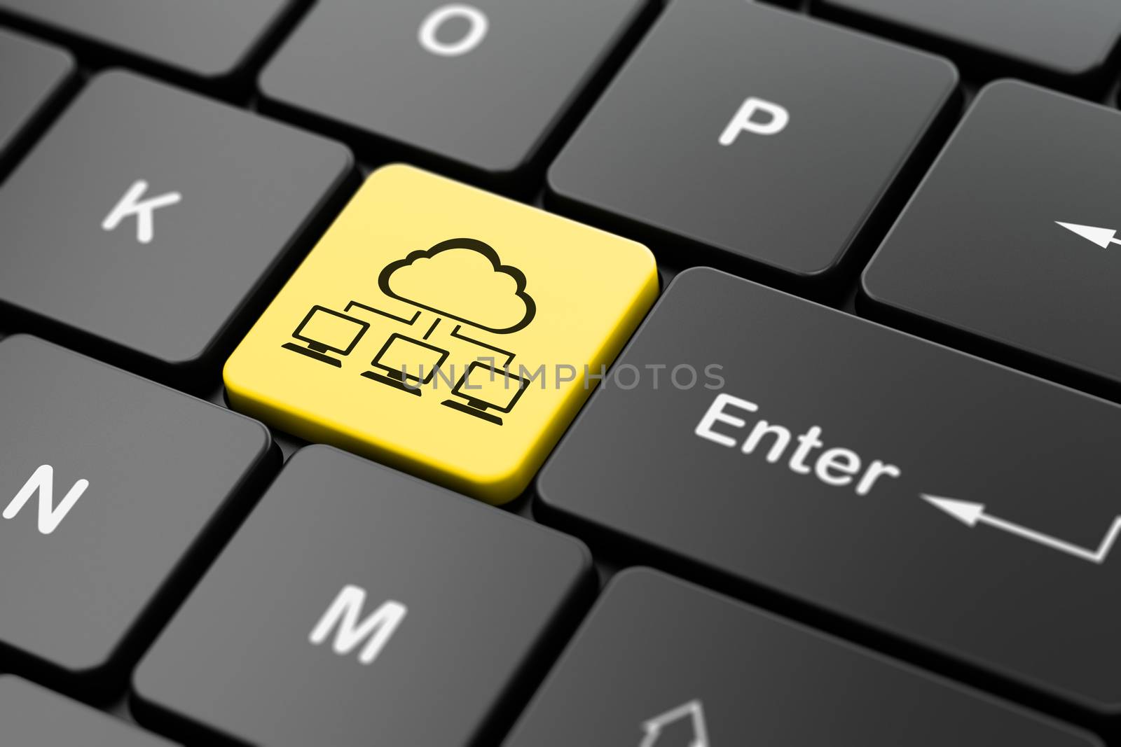 Cloud technology concept: computer keyboard with Cloud Network icon on enter button background, 3d render