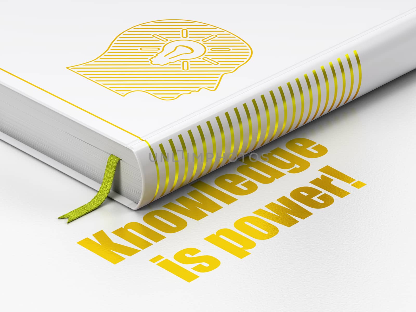 Learning concept: closed book with Gold Head With Light Bulb icon and text Knowledge Is power! on floor, white background, 3d render