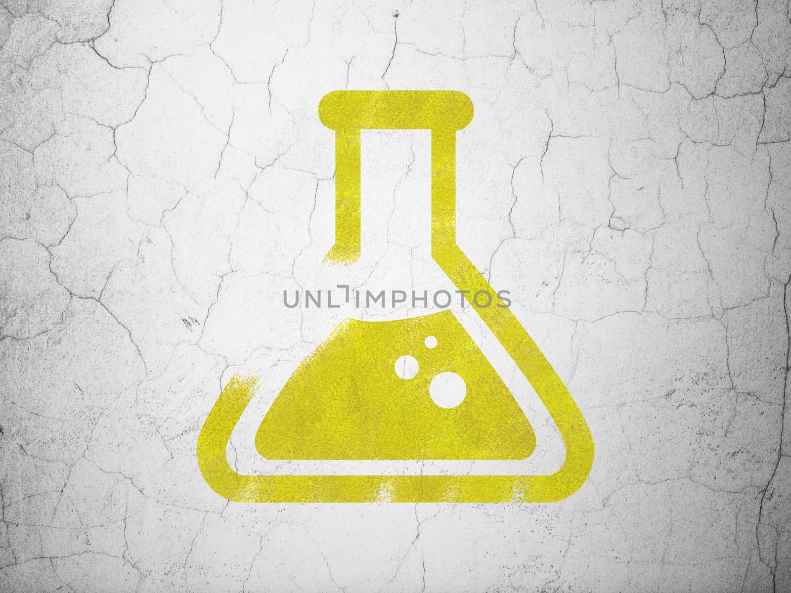 Science concept: Yellow Flask on textured concrete wall background