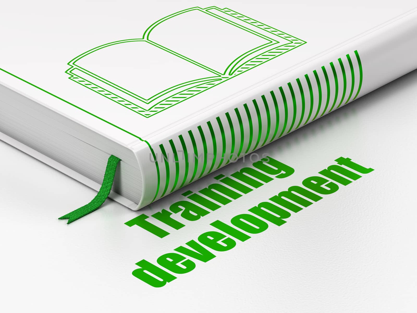 Education concept: closed book with Green Book icon and text Training Development on floor, white background, 3d render