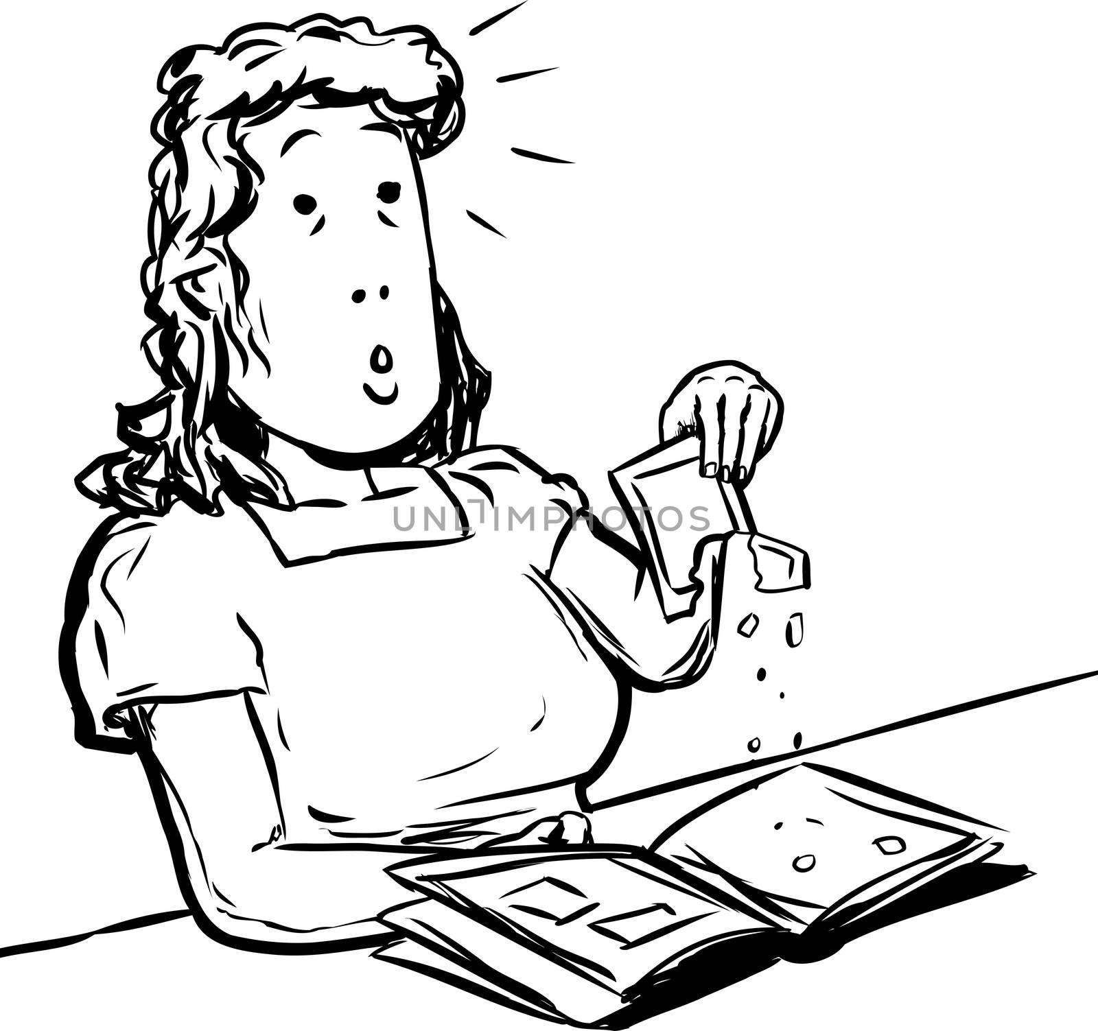 Cartoon outlined doodle sketch of middle aged adult female holding crumbling damaged photo over photo album